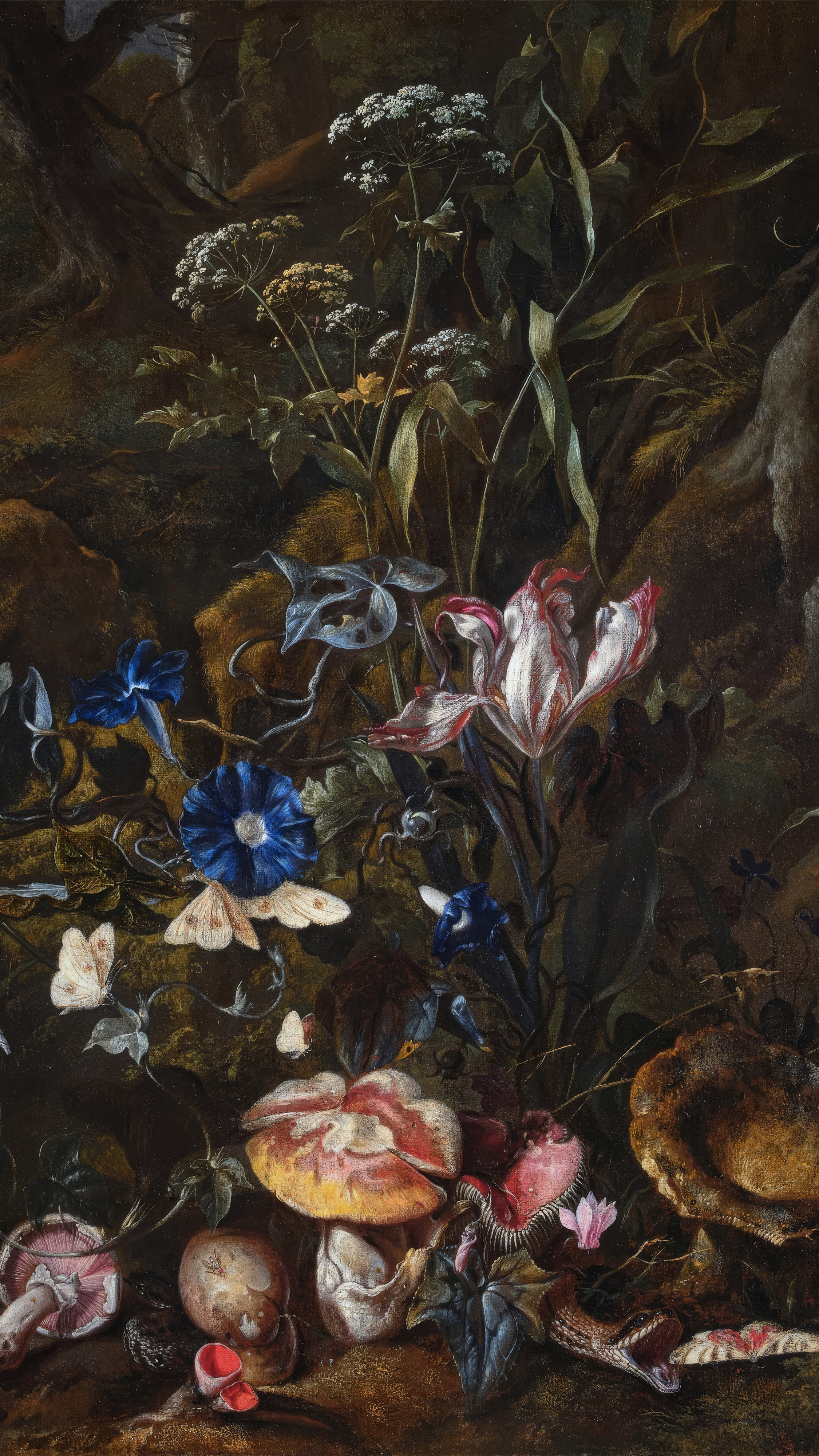 Dark moody vertical iPhone background from a painting: white cow parsley, a blue morning glory and a red-streaked tulip against near-black undergrowth, pale moths in flight, and mushrooms, a snail and a lizard on the ground below