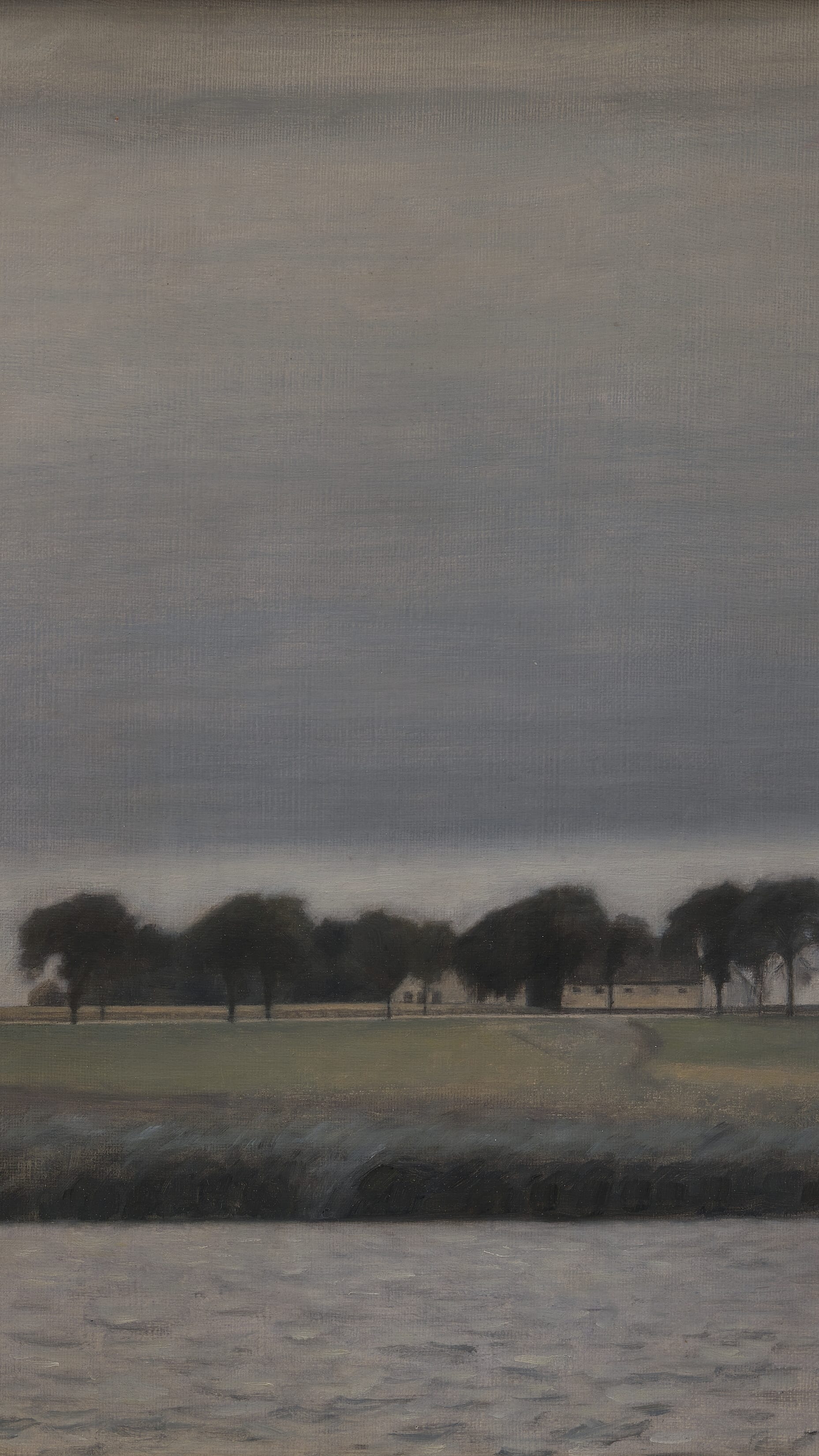 Vertical iPhone background from a painting: flat grey lake under a wide pale sky, a low line of dark trees along the far shore
