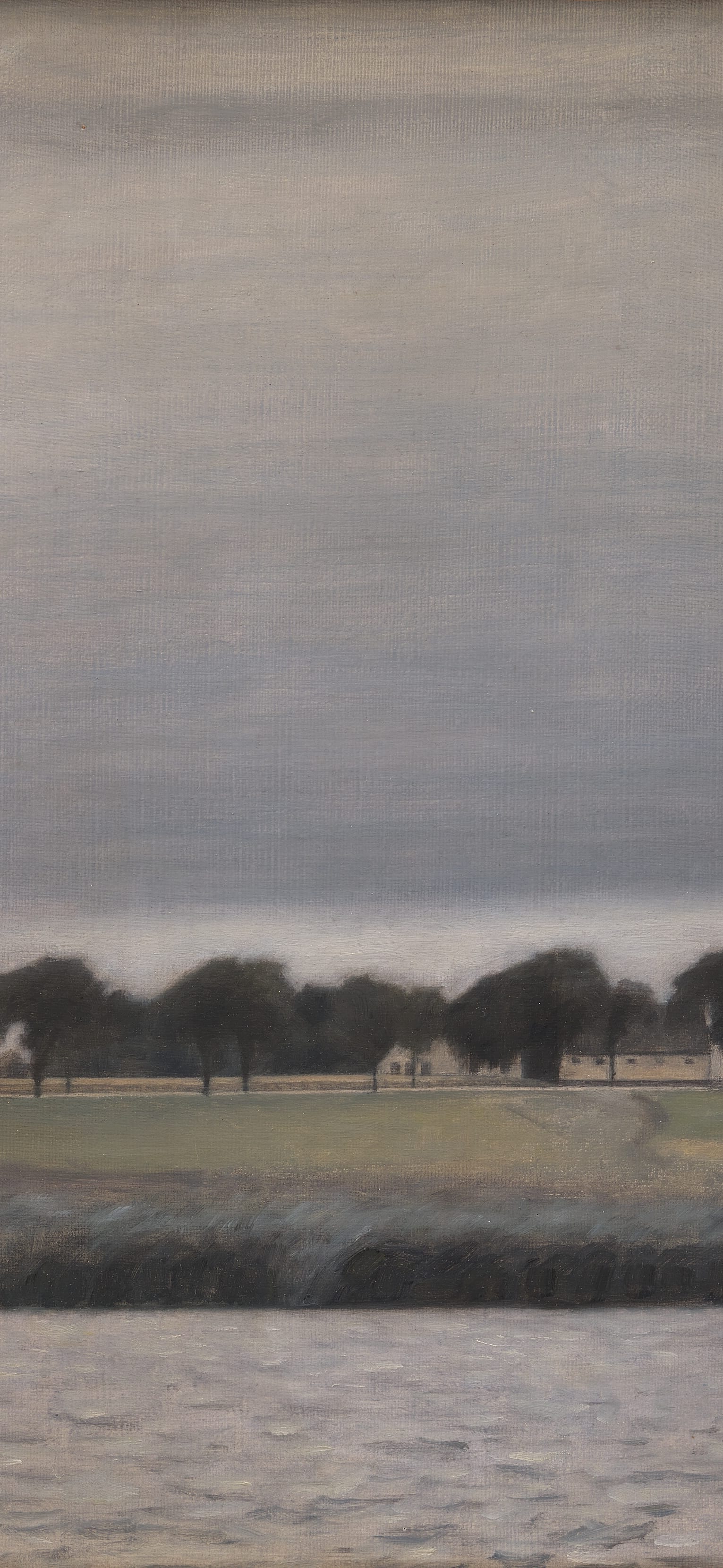 Vertical iPhone background from a painting: flat grey lake under a wide pale sky, a low line of dark trees along the far shore