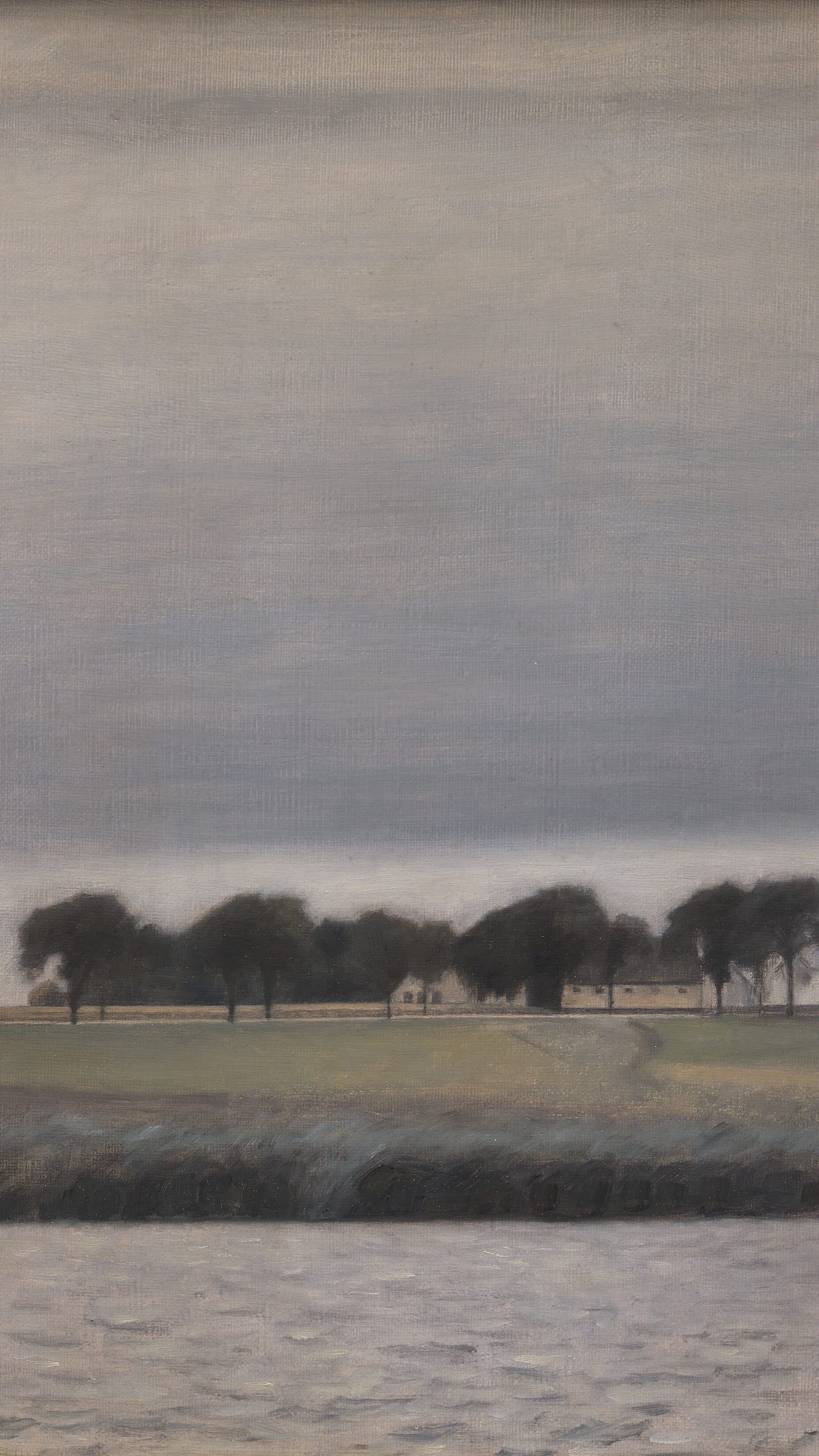 Vertical iPhone background from a painting: flat grey lake under a wide pale sky, a low line of dark trees along the far shore