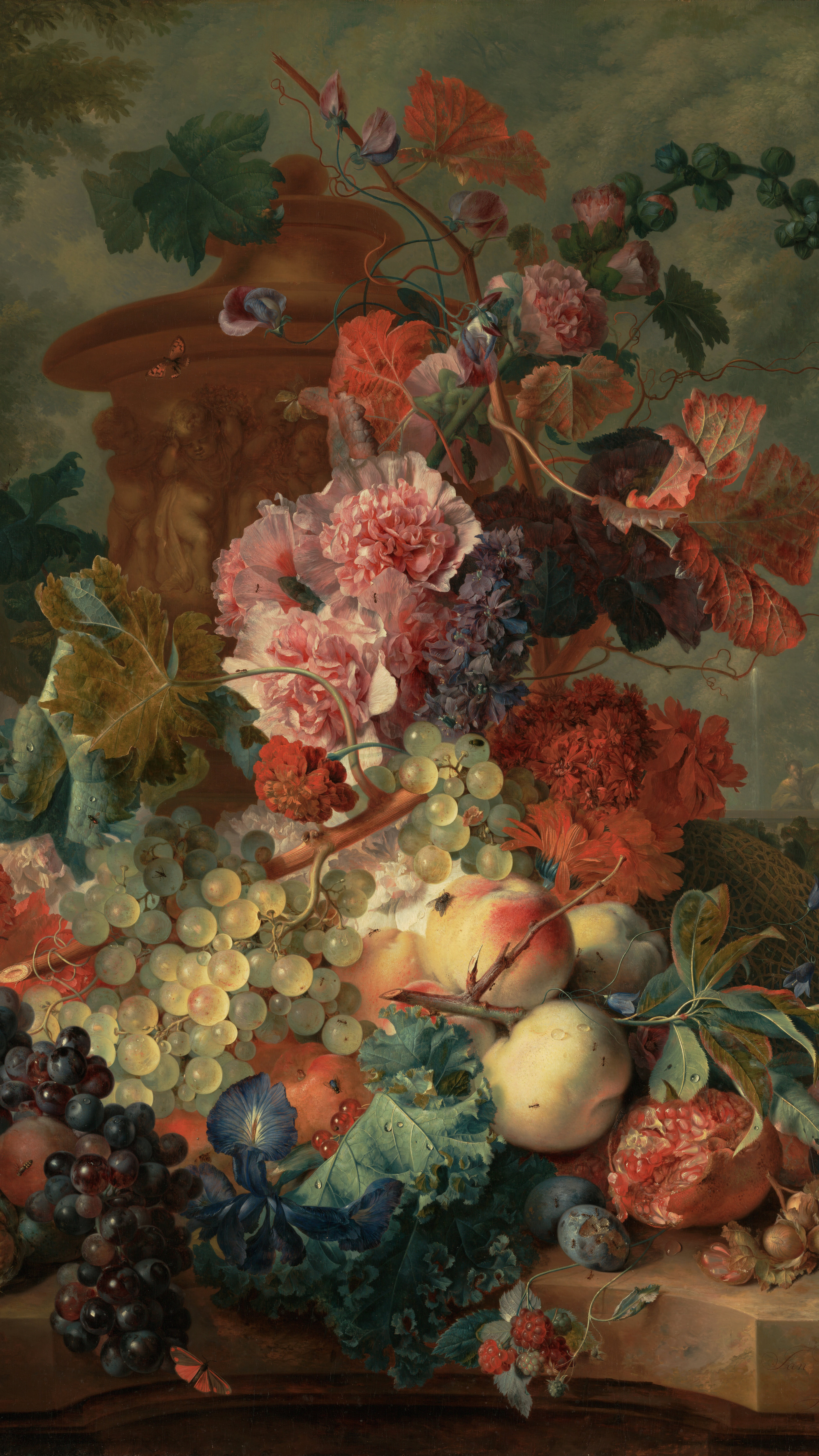 Dark academia vertical iPhone background from a painting: heaped fruit and flowers on a stone ledge, peaches, grapes and pink roses against a dark ground