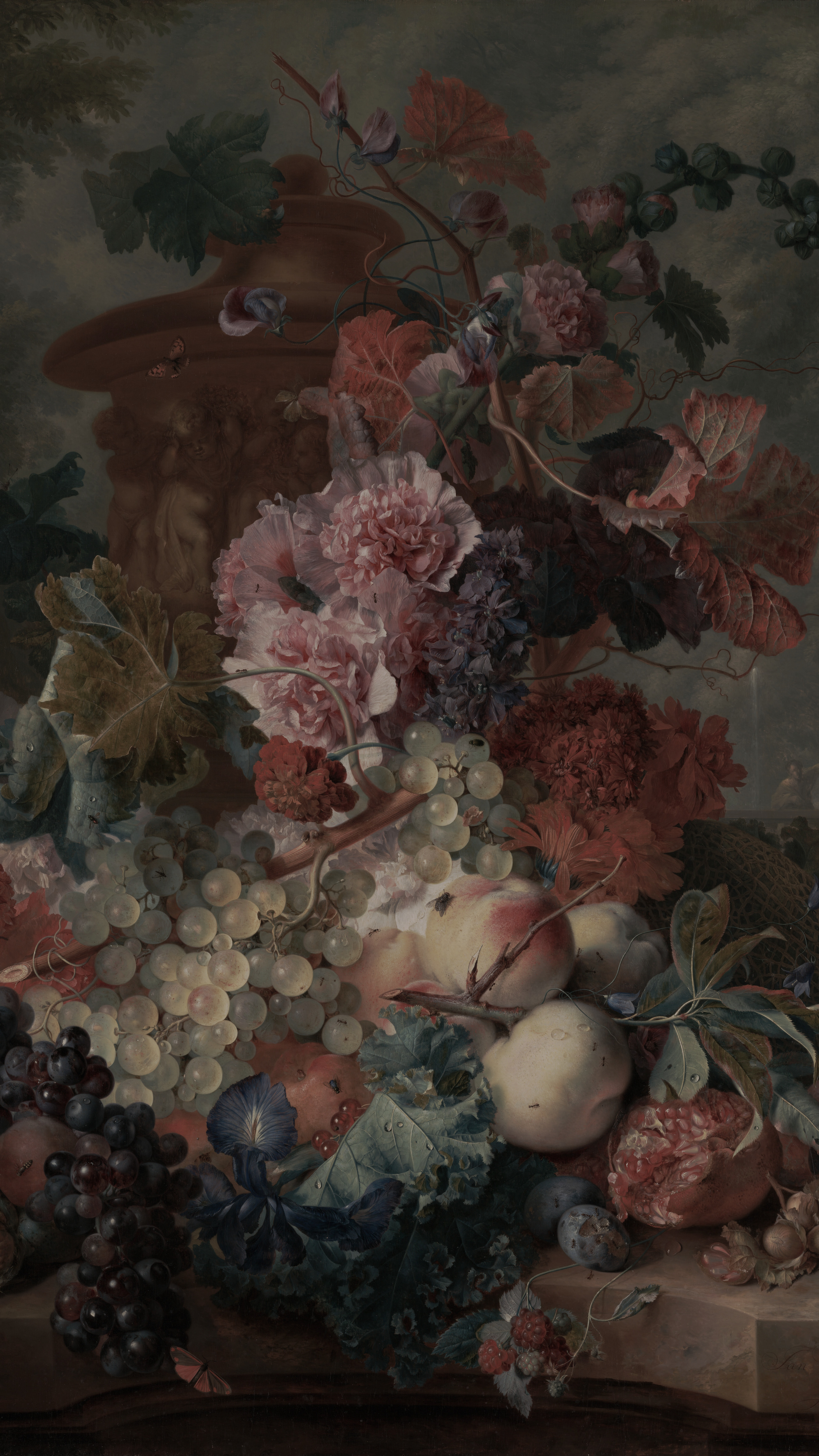 Dark academia vertical iPhone background from a painting: heaped fruit and flowers on a stone ledge, peaches, grapes and pink roses against a dark ground