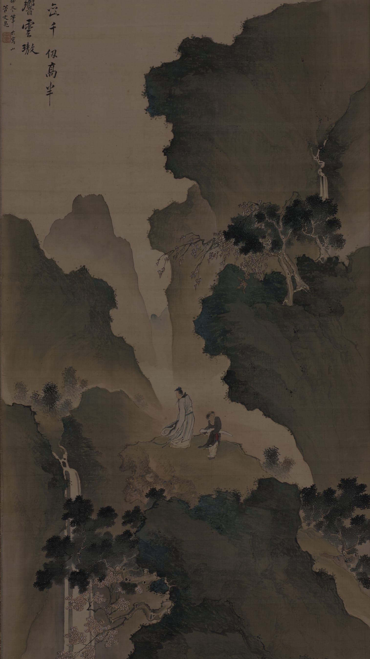 Vertical iPhone background from a painting: Japanese scroll of a robed scholar and attendant on a ledge amid dark green mountains, a thread-thin waterfall, warm tan silk ground