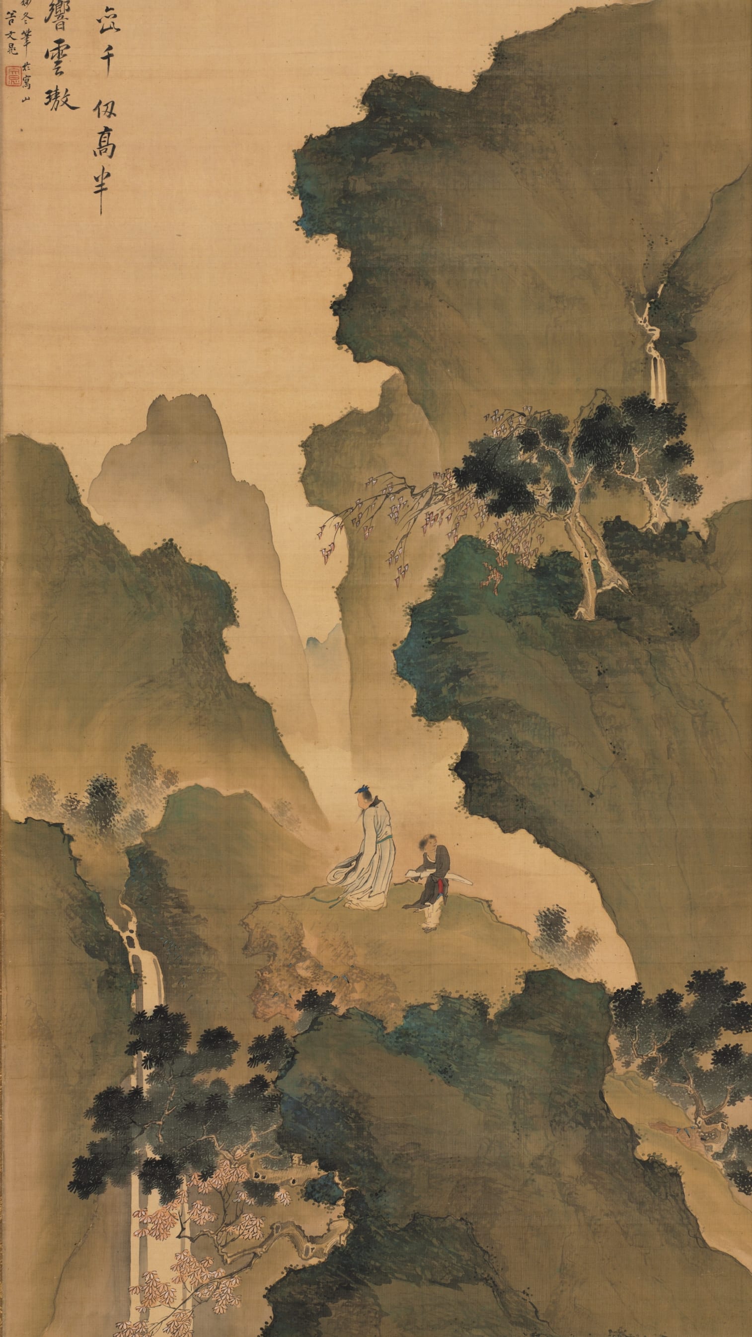Vertical iPhone background from a painting: Japanese scroll of a robed scholar and attendant on a ledge amid dark green mountains, a thread-thin waterfall, warm tan silk ground
