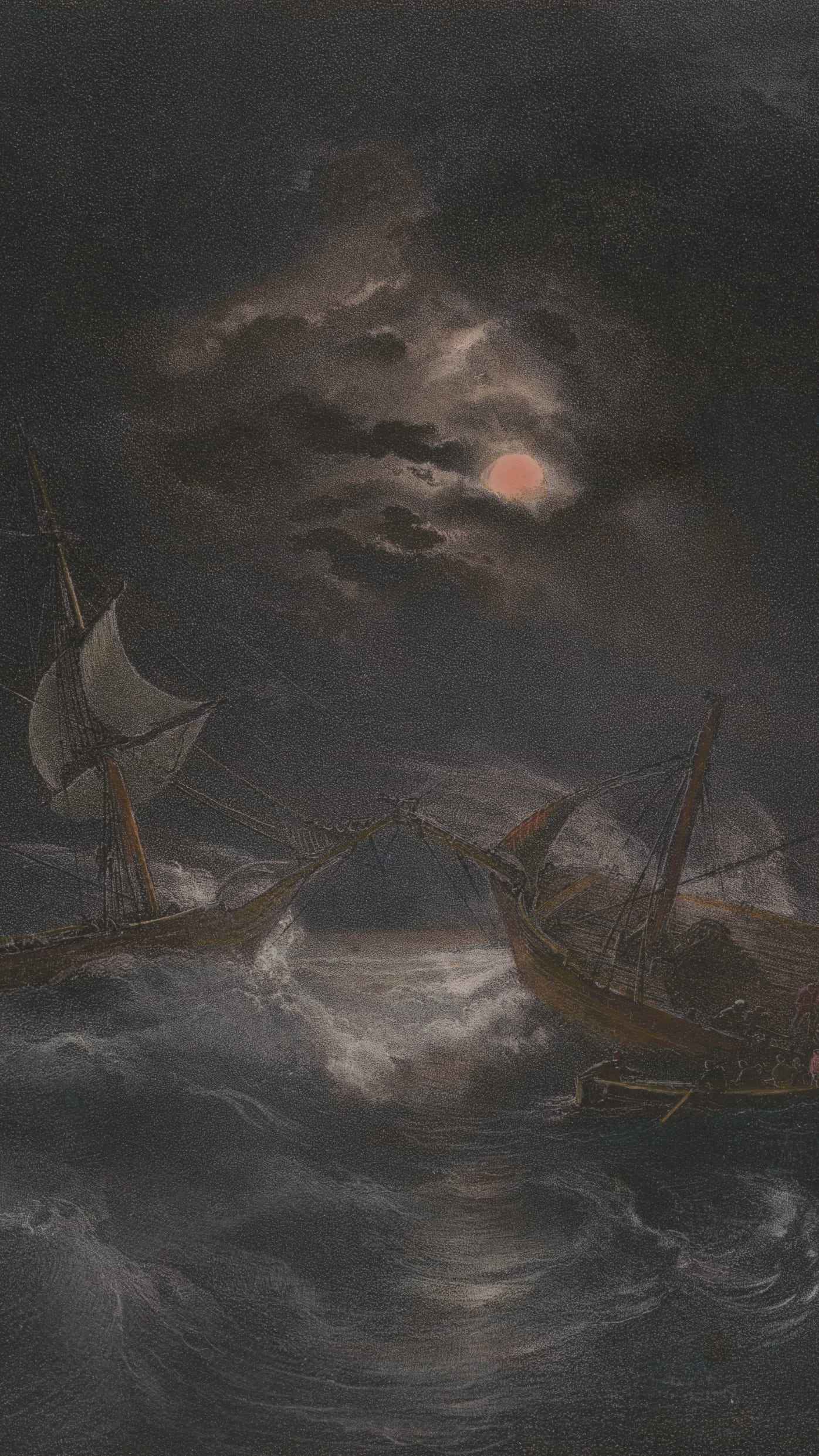 Dark moody desktop background from a print: two tall-masted sailing ships crowded close together on a stormy night sea, moonlight breaking through dark clouds, sailors crossing between the vessels during a rescue