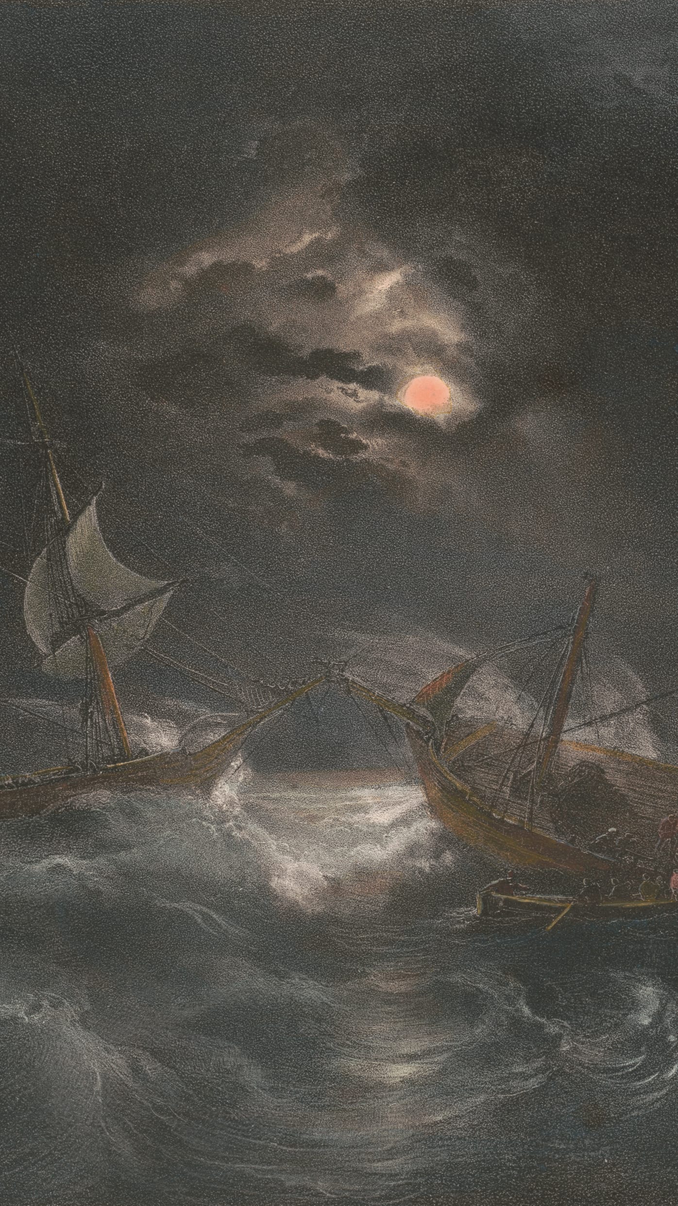 Dark moody desktop background from a print: two tall-masted sailing ships crowded close together on a stormy night sea, moonlight breaking through dark clouds, sailors crossing between the vessels during a rescue