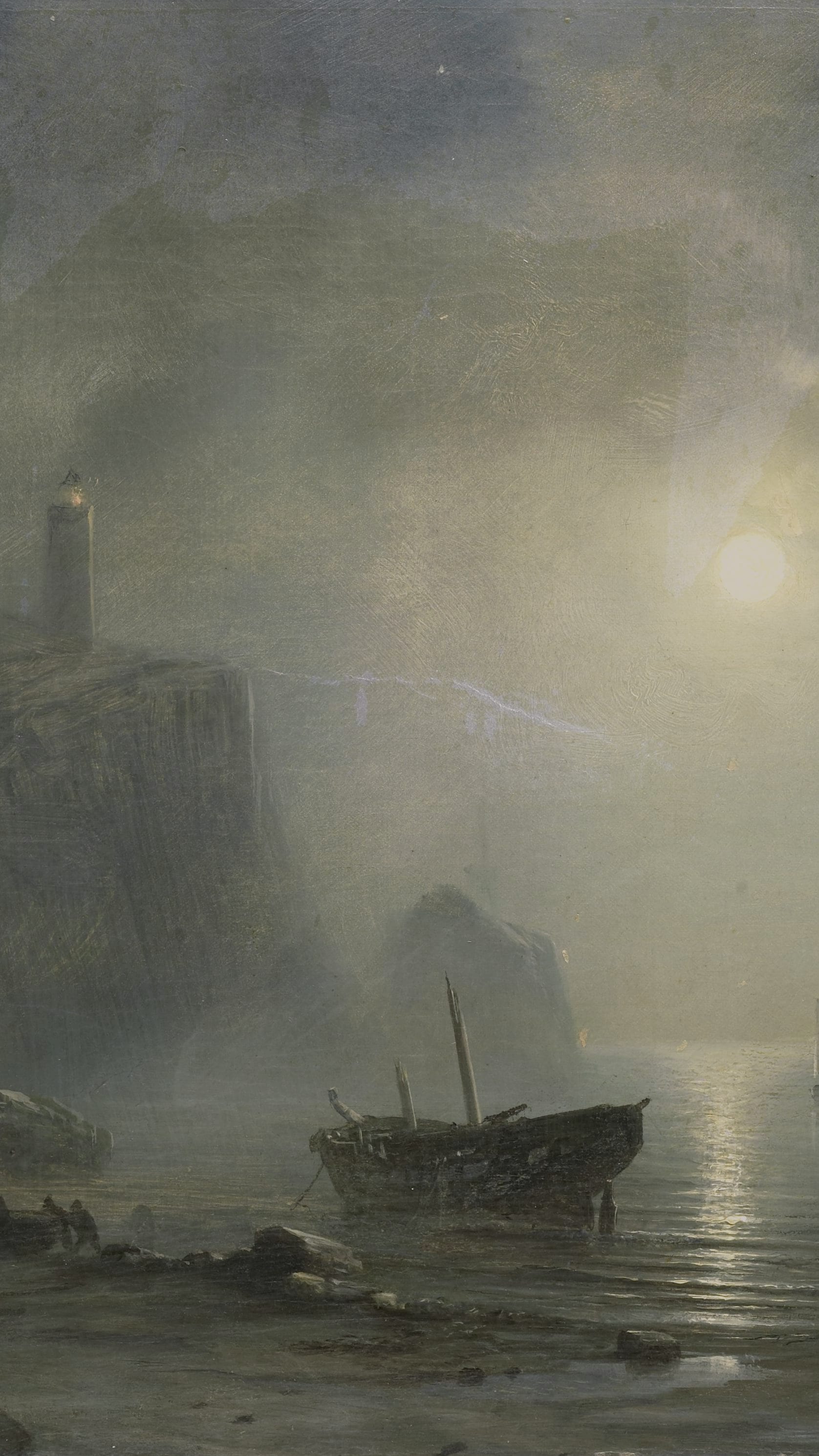 Desktop background from a painting: a pale moon glowing through sea mist over a rocky coastline, a lighthouse on the cliff at left, men pushing a boat onto the beach beside a beached wreck