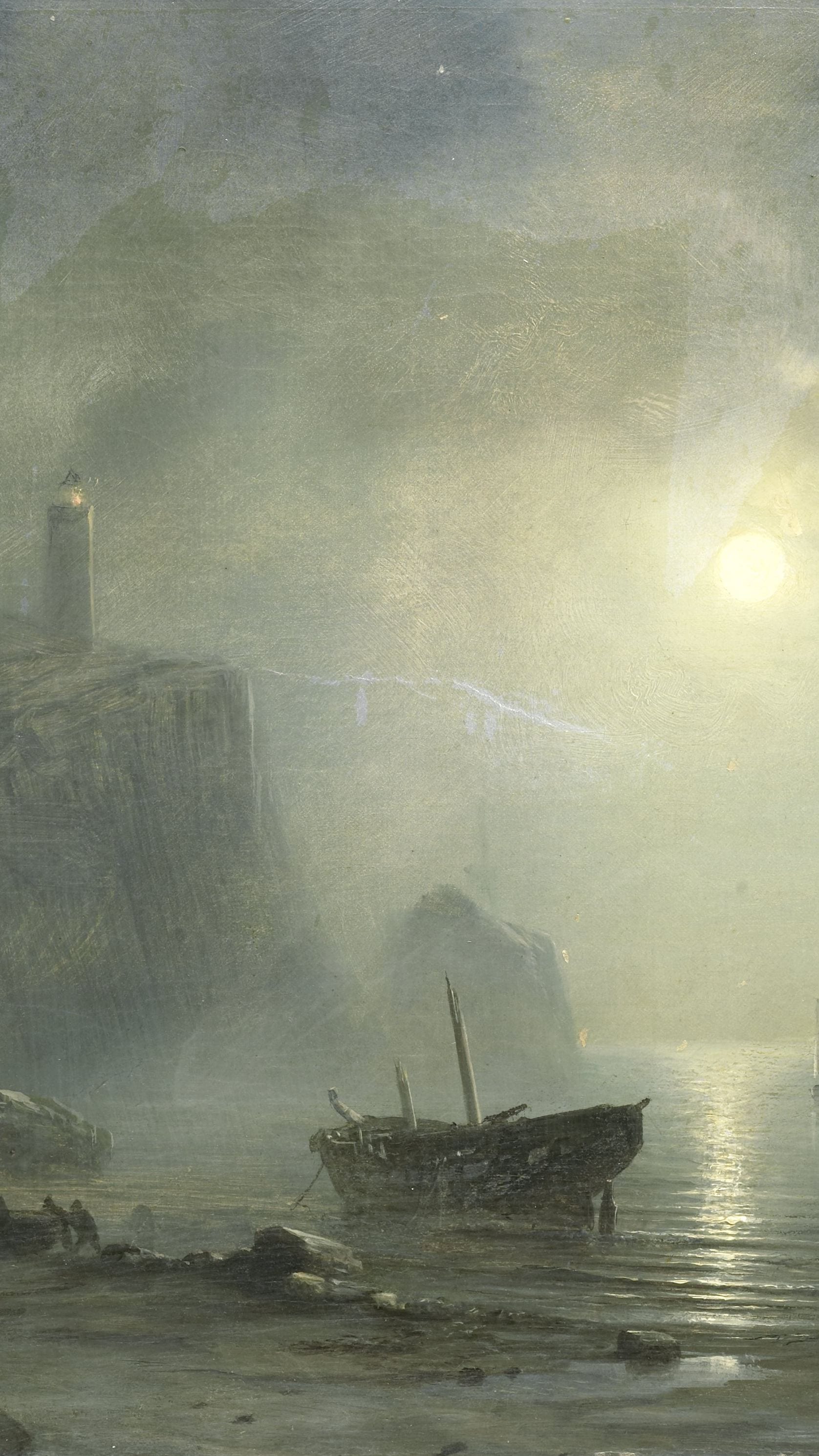 Desktop background from a painting: a pale moon glowing through sea mist over a rocky coastline, a lighthouse on the cliff at left, men pushing a boat onto the beach beside a beached wreck