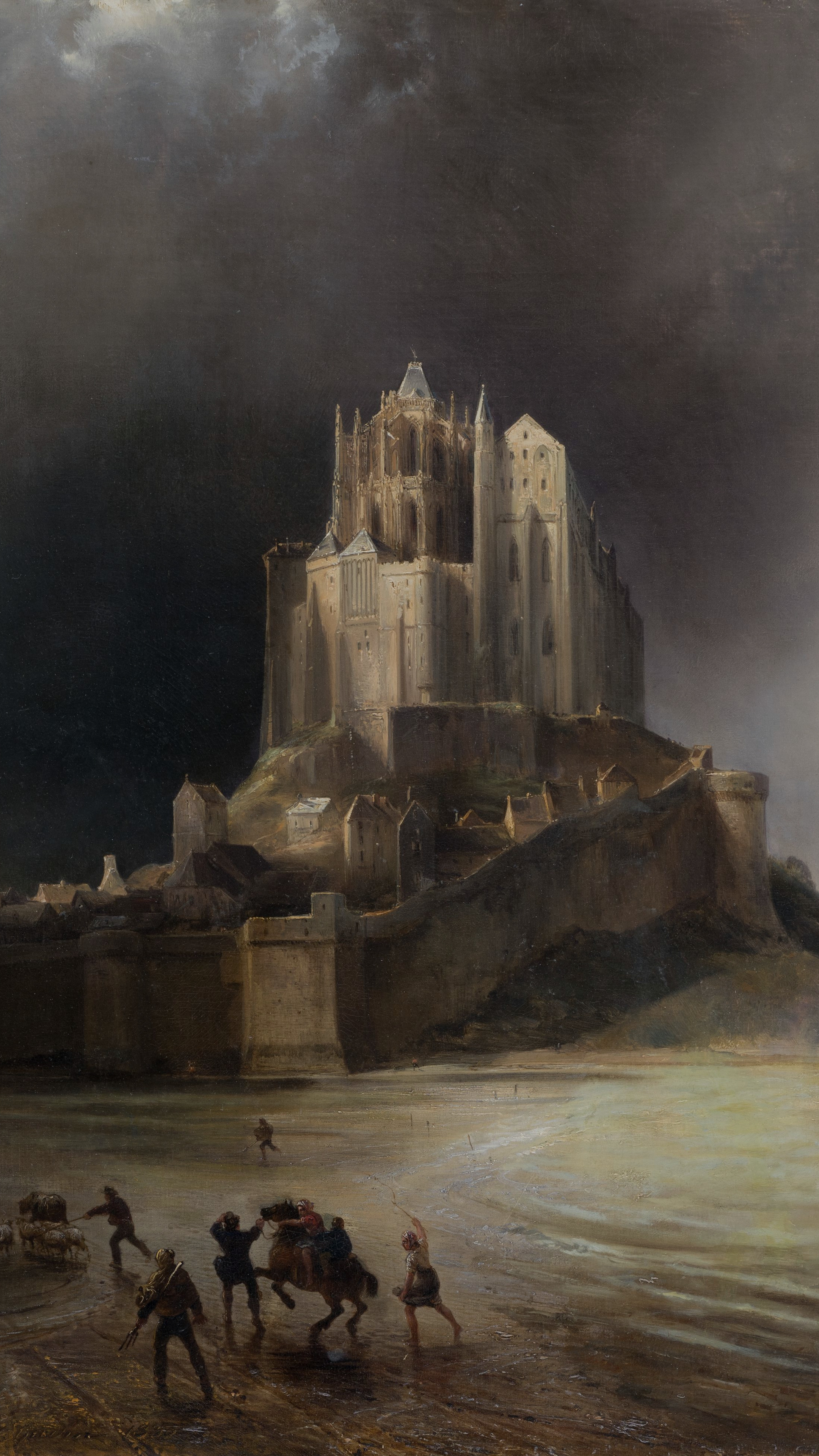Dark moody desktop background from a painting: Mont Saint-Michel abbey rising against a stormy golden-lit sky, travelers and cattle hurrying across the tidal flats below