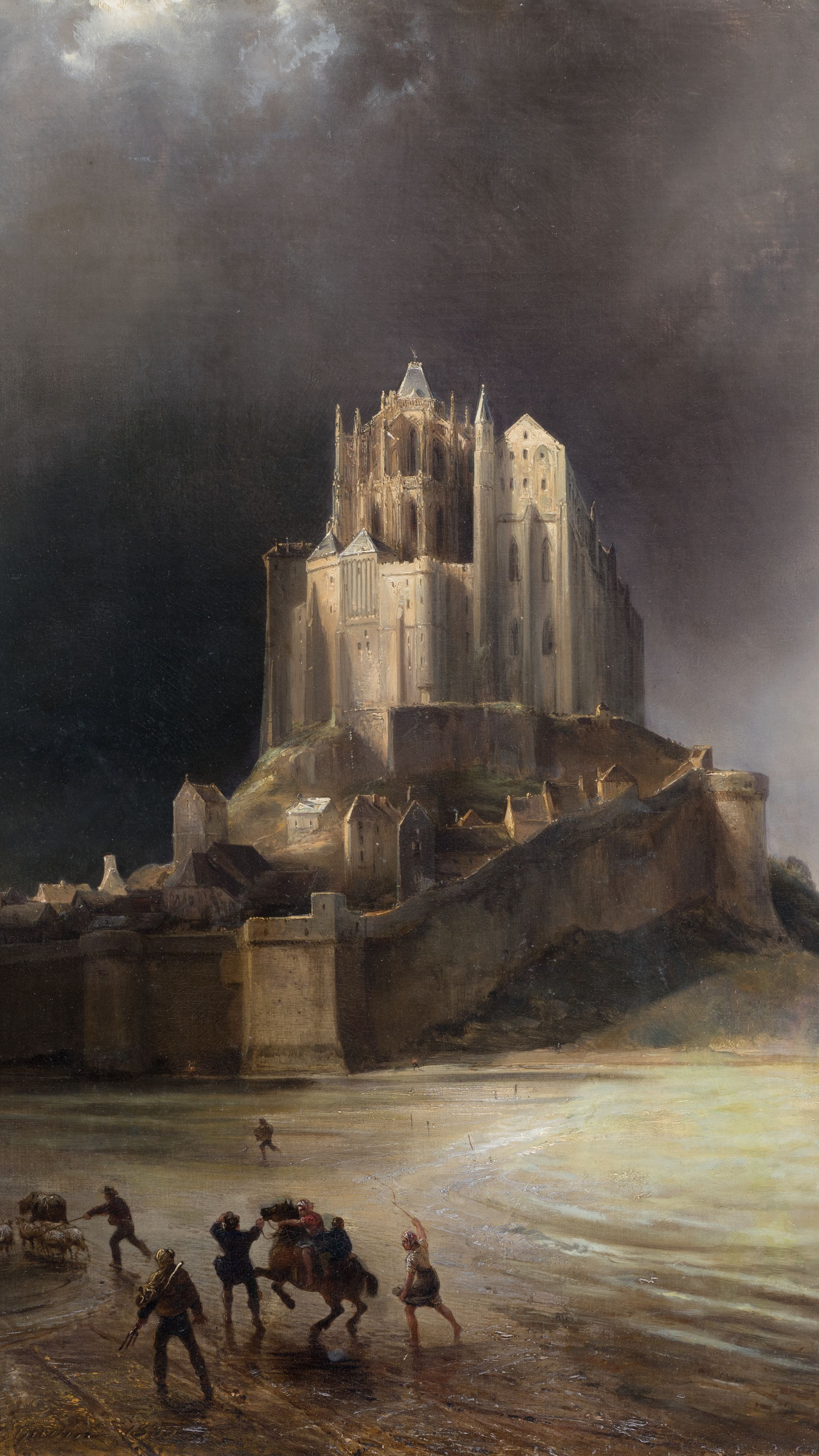 Dark moody desktop background from a painting: Mont Saint-Michel abbey rising against a stormy golden-lit sky, travelers and cattle hurrying across the tidal flats below