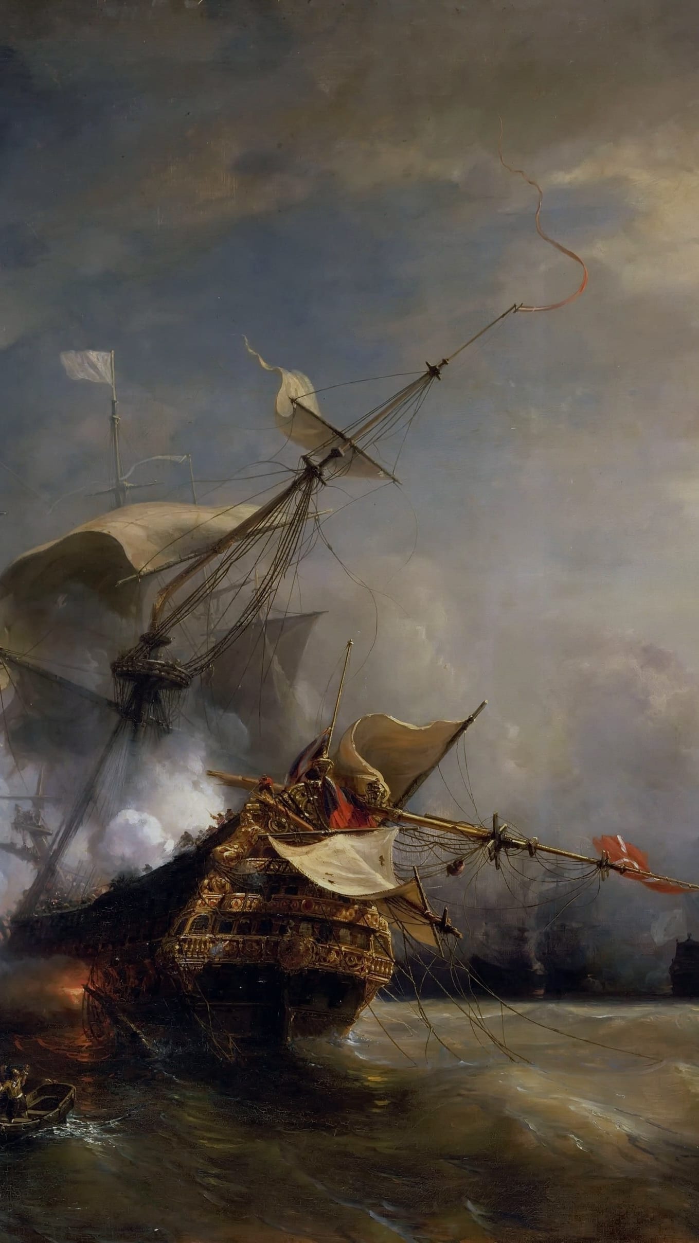 Dark moody desktop background from a painting: warships firing cannon at close range in a smoke-filled sea battle, torn sails and tangled rigging against a stormy sky