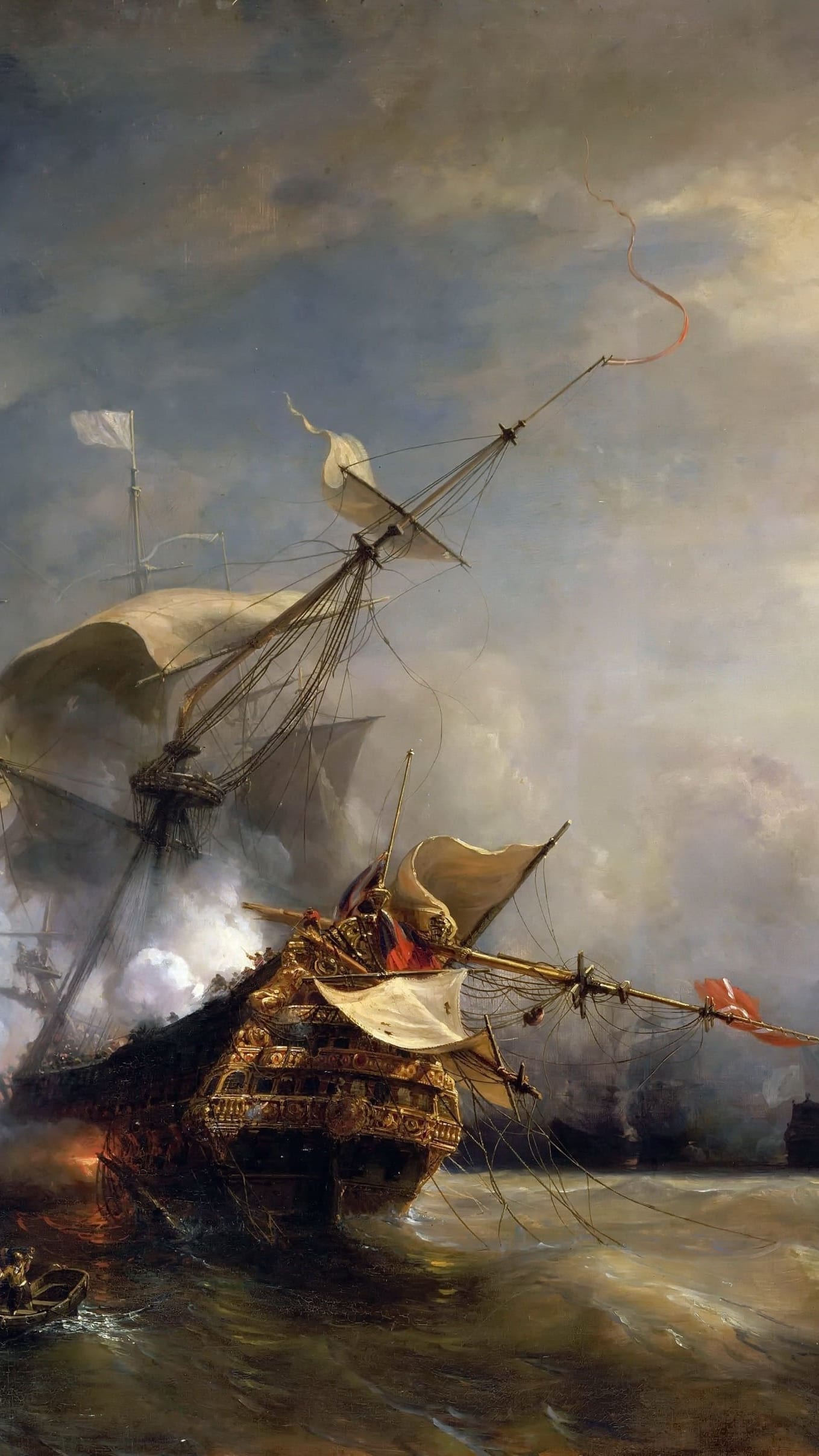 Dark moody desktop background from a painting: warships firing cannon at close range in a smoke-filled sea battle, torn sails and tangled rigging against a stormy sky