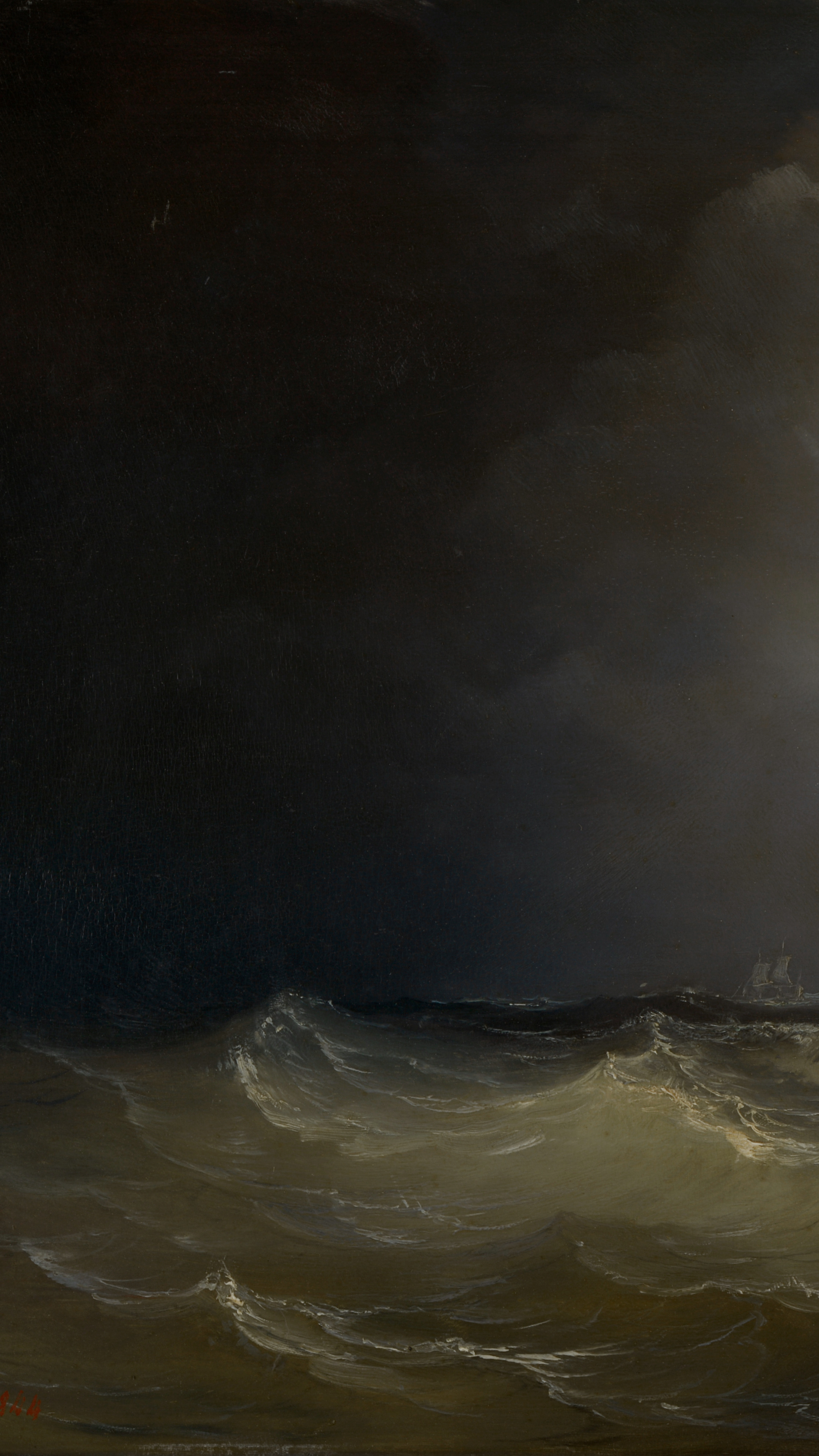 Dark moody desktop background from a painting: pale surf breaking across a green-grey sea under a near-black storm sky, a small sailing ship far off at the horizon on the right