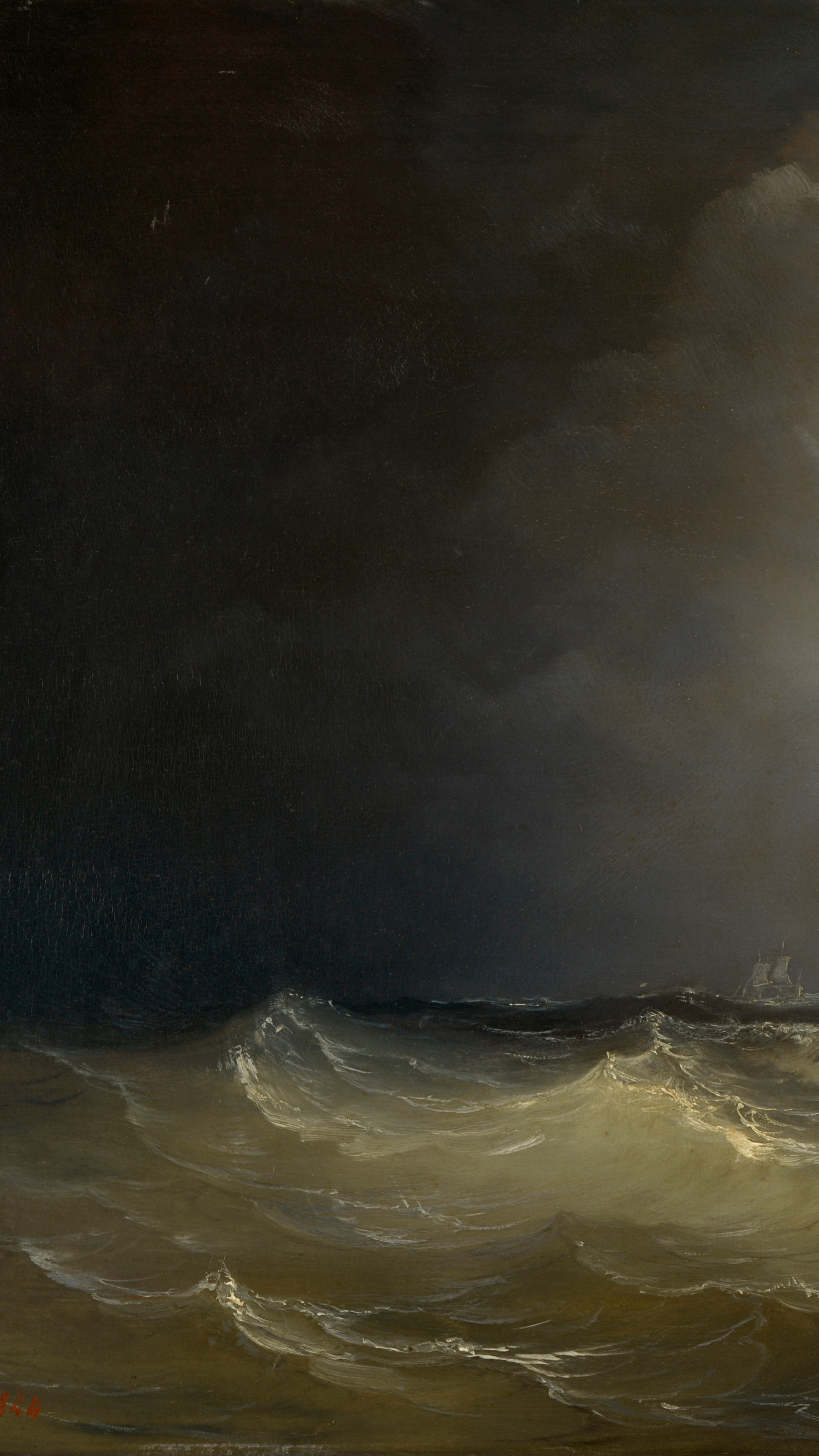 Dark moody desktop background from a painting: pale surf breaking across a green-grey sea under a near-black storm sky, a small sailing ship far off at the horizon on the right