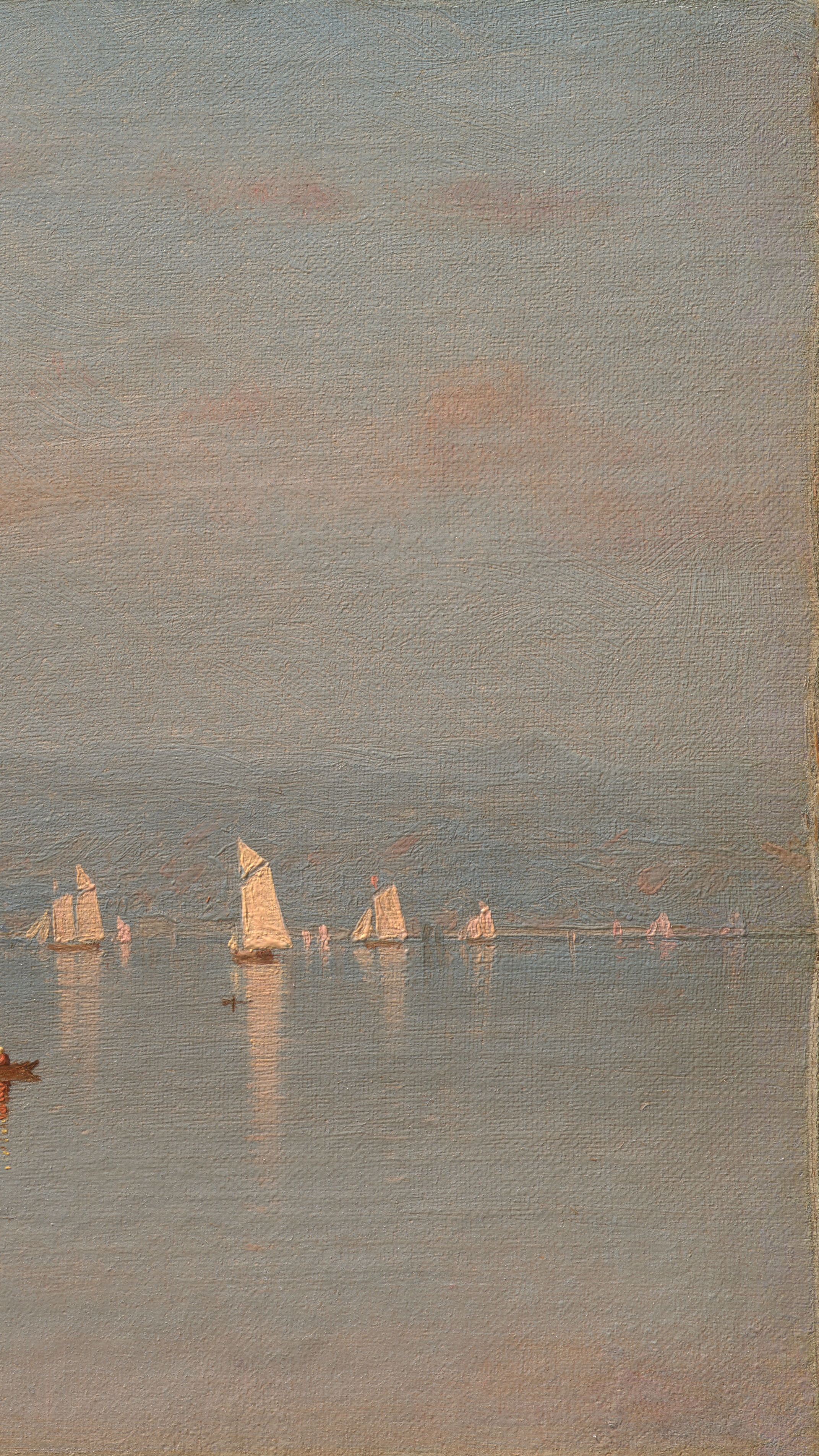iPhone wallpaper from a painting: wide pale bay with sailing boats and a red rowing boat in front below hills in haze