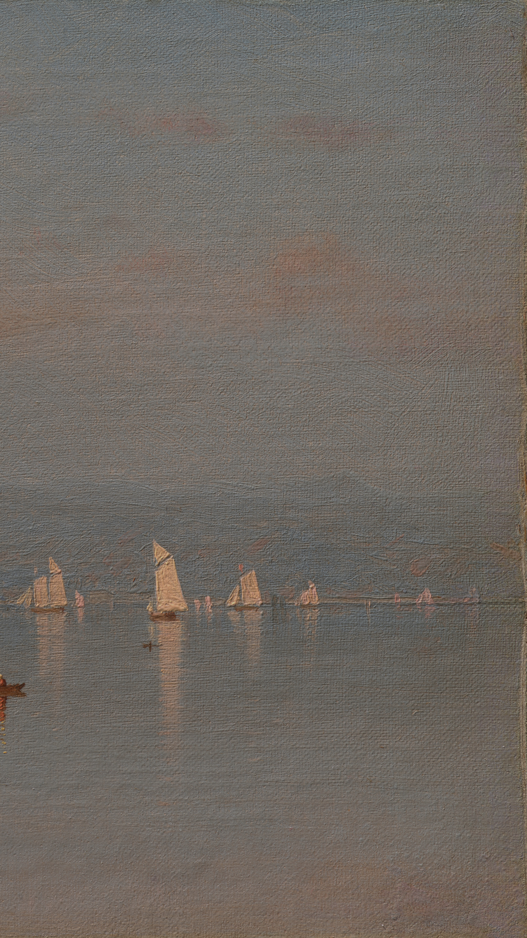 iPhone wallpaper from a painting: wide pale bay with sailing boats and a red rowing boat in front below hills in haze