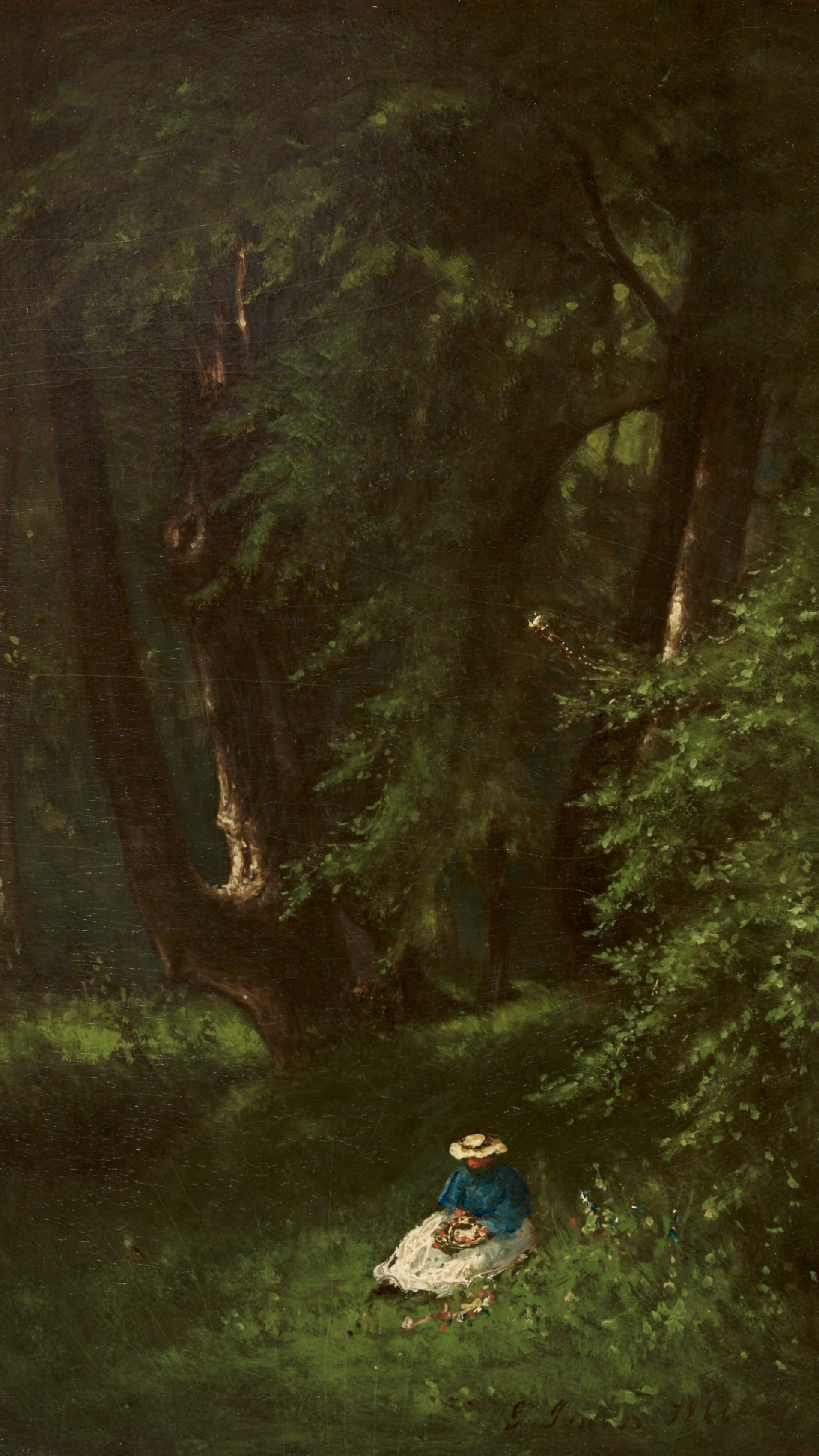 iPhone wallpaper from a painting: dark forest of massive arching trees with tangled trunks, a lone woman in blue and white sitting in dappled light at the base, deep green shadows