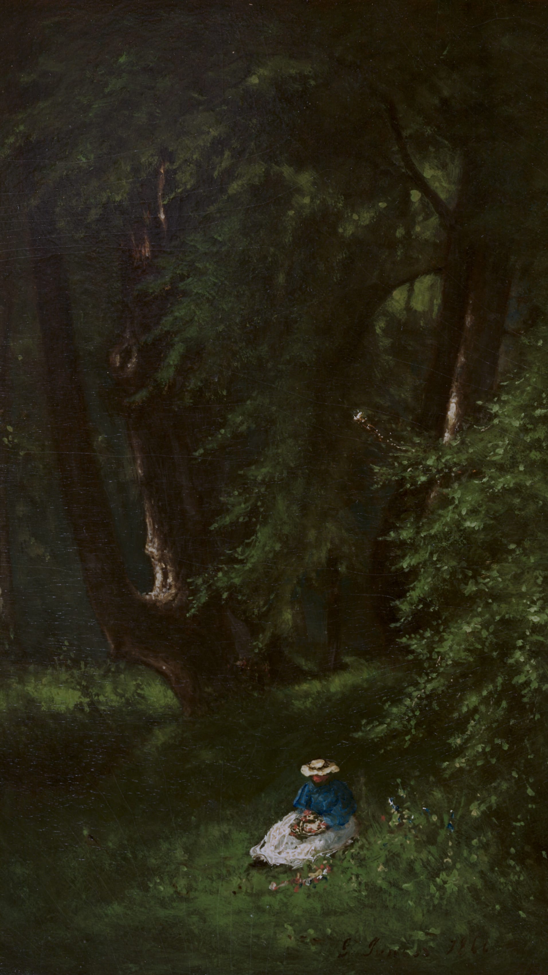 iPhone wallpaper from a painting: dark forest of massive arching trees with tangled trunks, a lone woman in blue and white sitting in dappled light at the base, deep green shadows