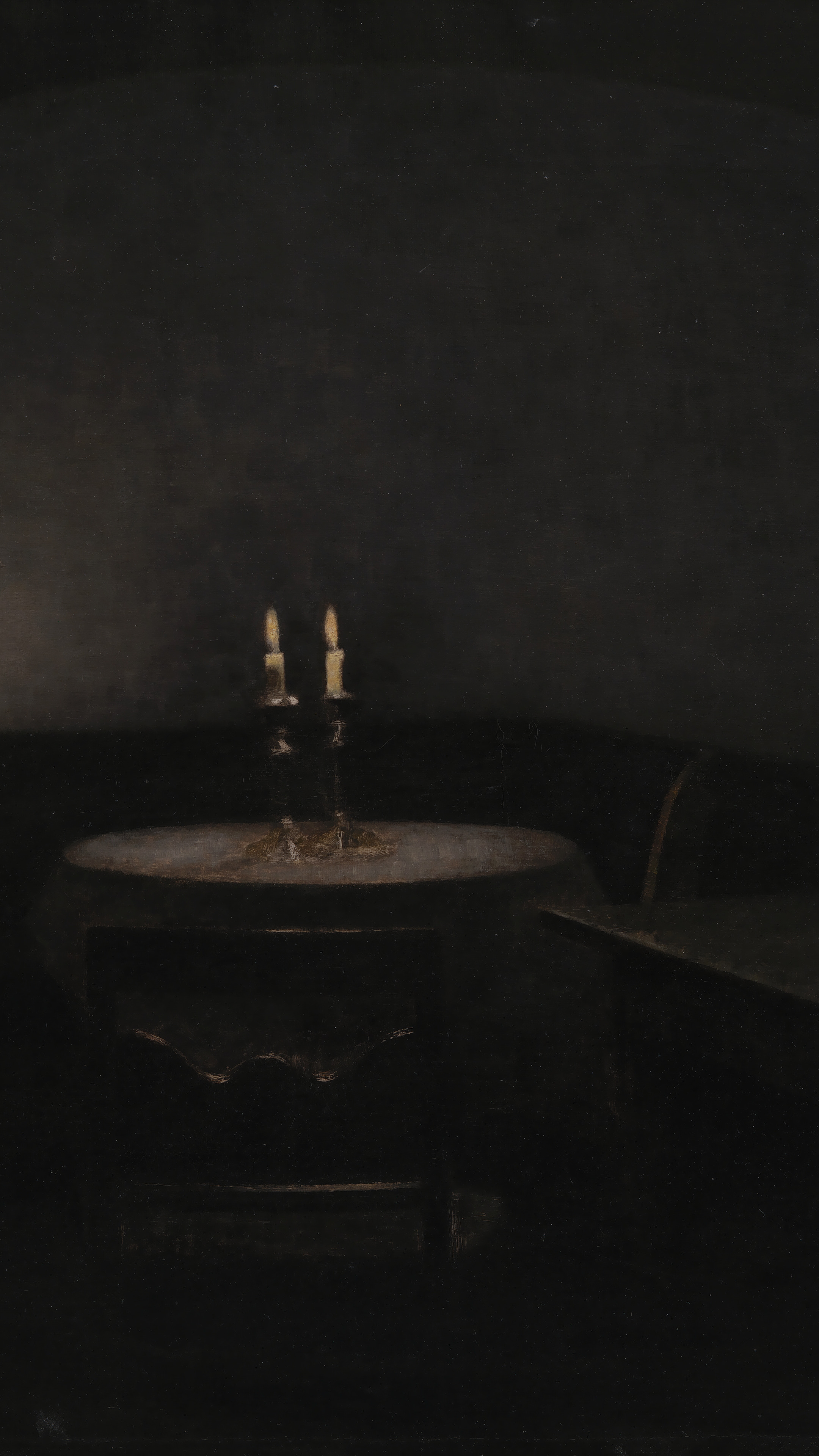 Dark academia vertical iPhone background from a painting: two candles burning on a round table in near-total darkness, arched alcove, deep black shadows with a faint warm glow, brooding mood