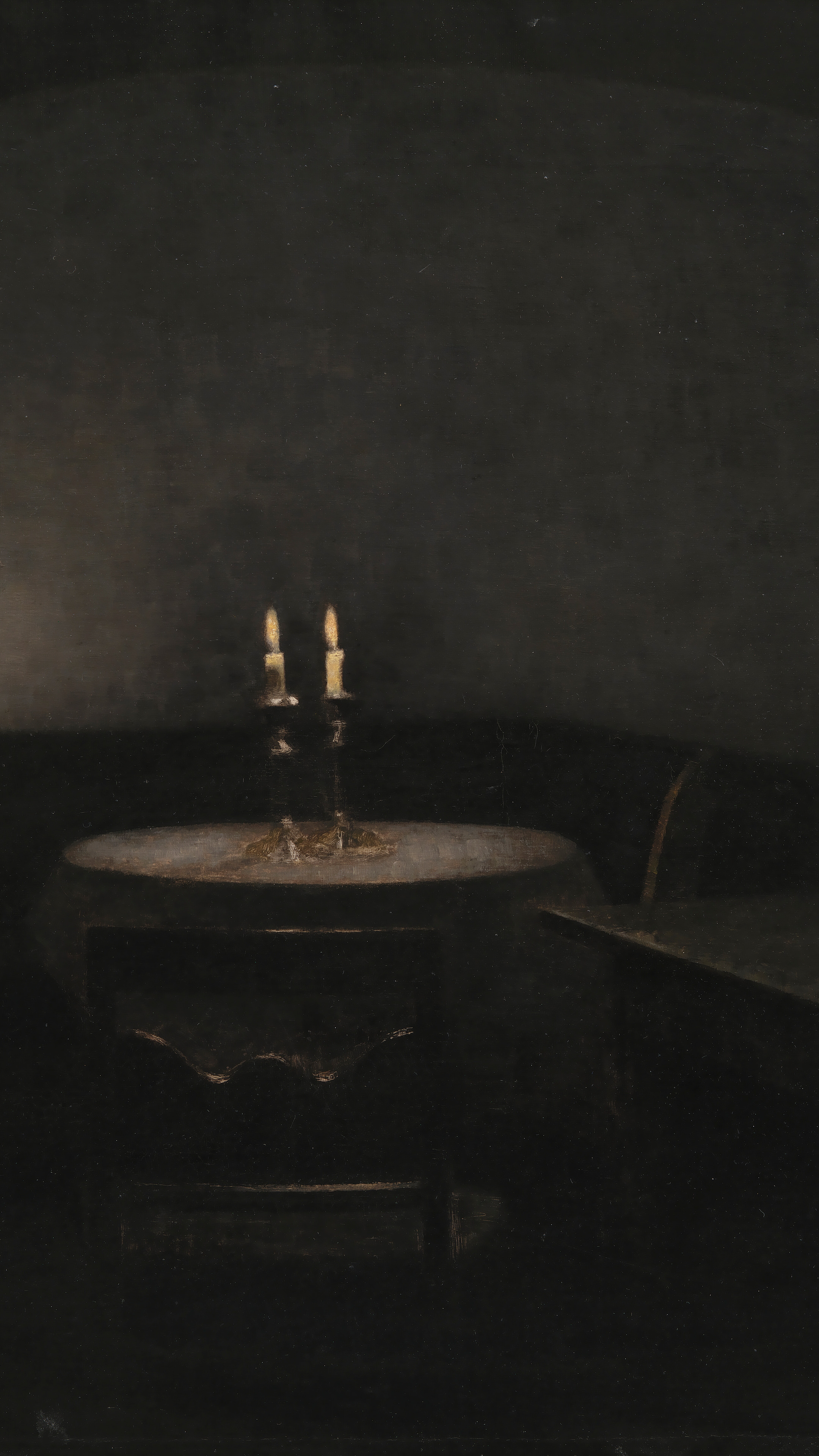 Dark academia vertical iPhone background from a painting: two candles burning on a round table in near-total darkness, arched alcove, deep black shadows with a faint warm glow, brooding mood