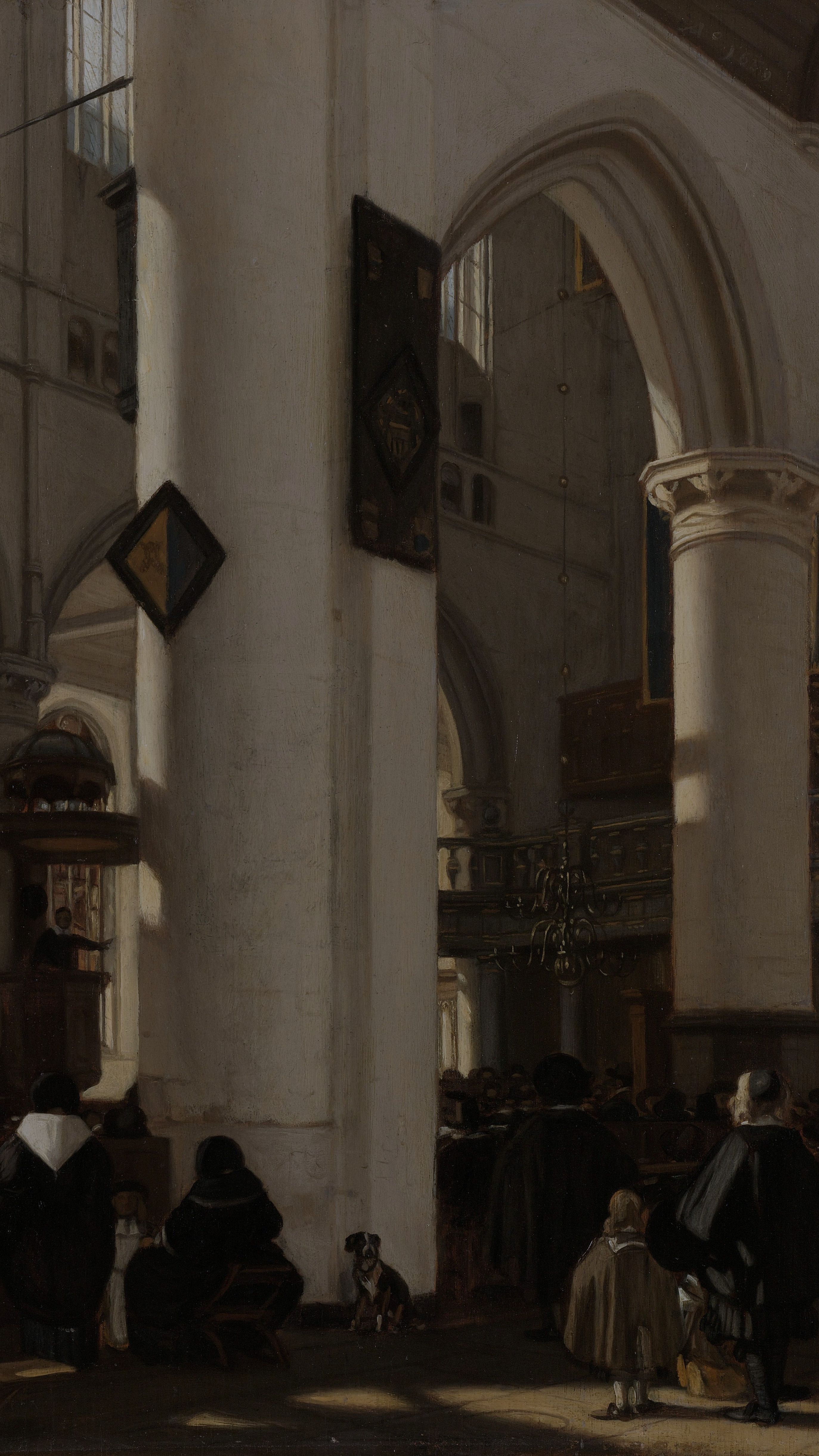 Dark academia vertical iPhone background from a painting: white gothic nave in daylight with a hanging banner and a congregation gathered at the columns