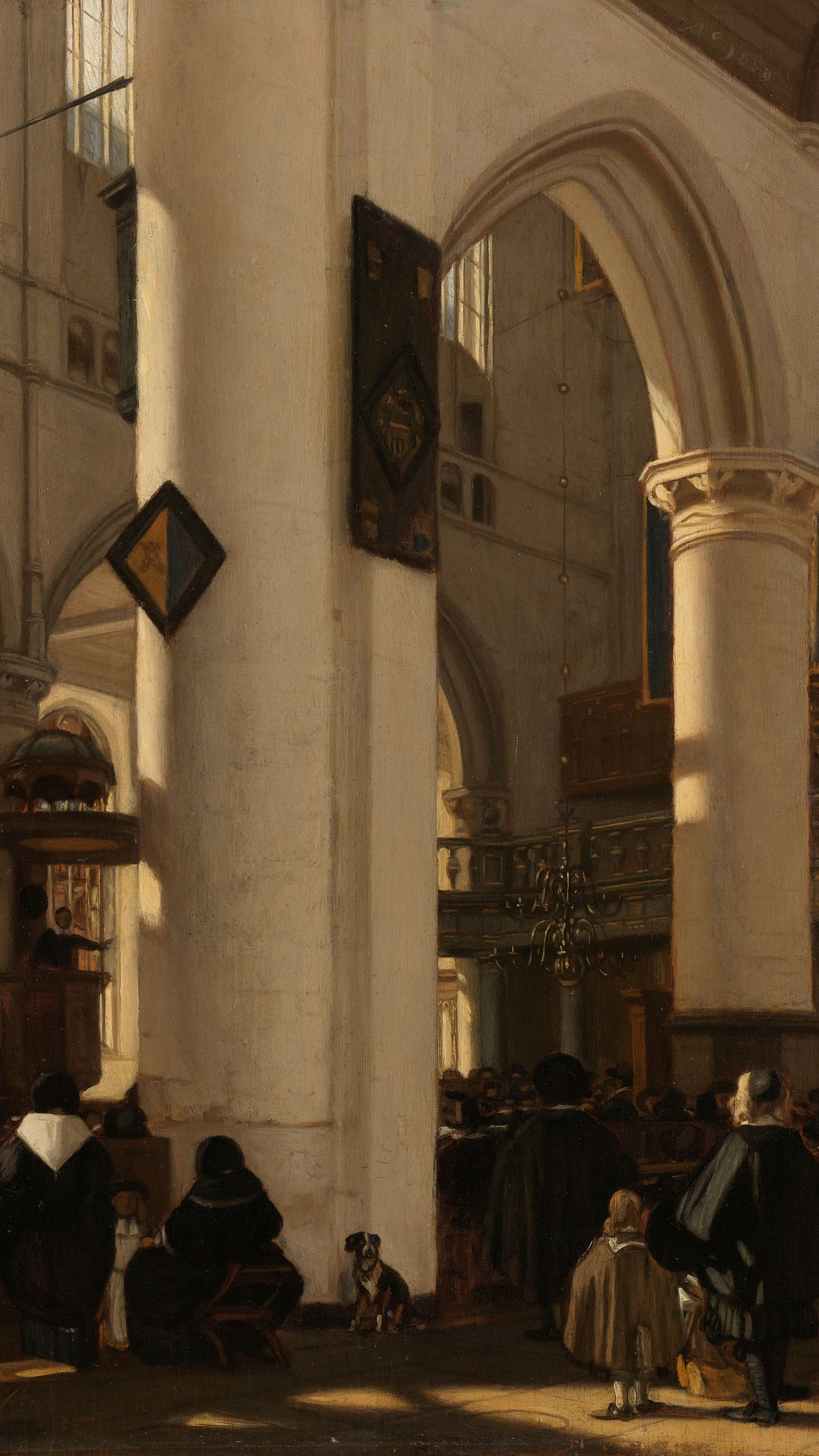 Dark academia vertical iPhone background from a painting: white gothic nave in daylight with a hanging banner and a congregation gathered at the columns