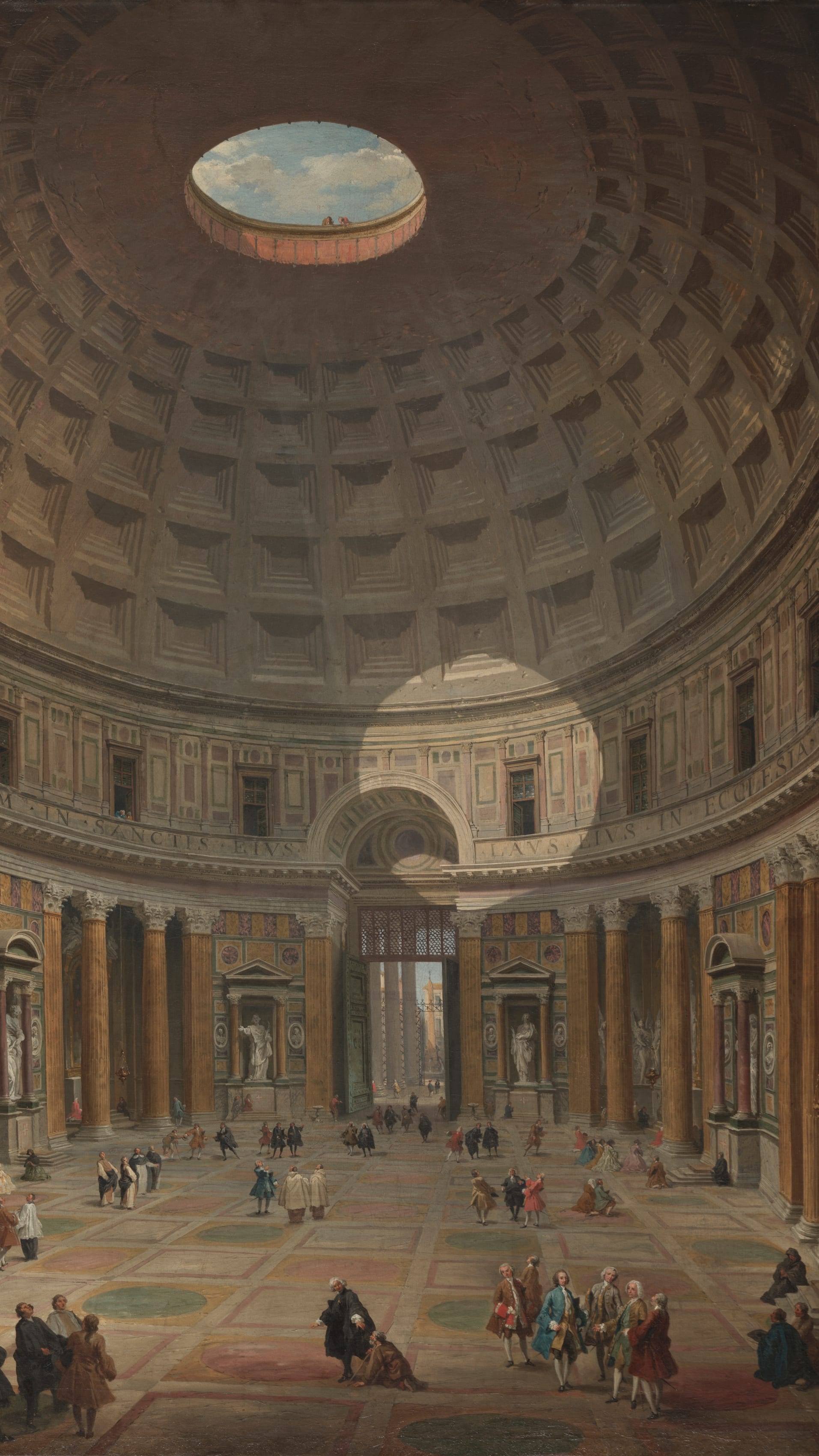 iPhone wallpaper from a painting: Pantheon interior with vast coffered dome, circular oculus open to blue sky, warm amber columns and niches, figures in 18th-century dress below