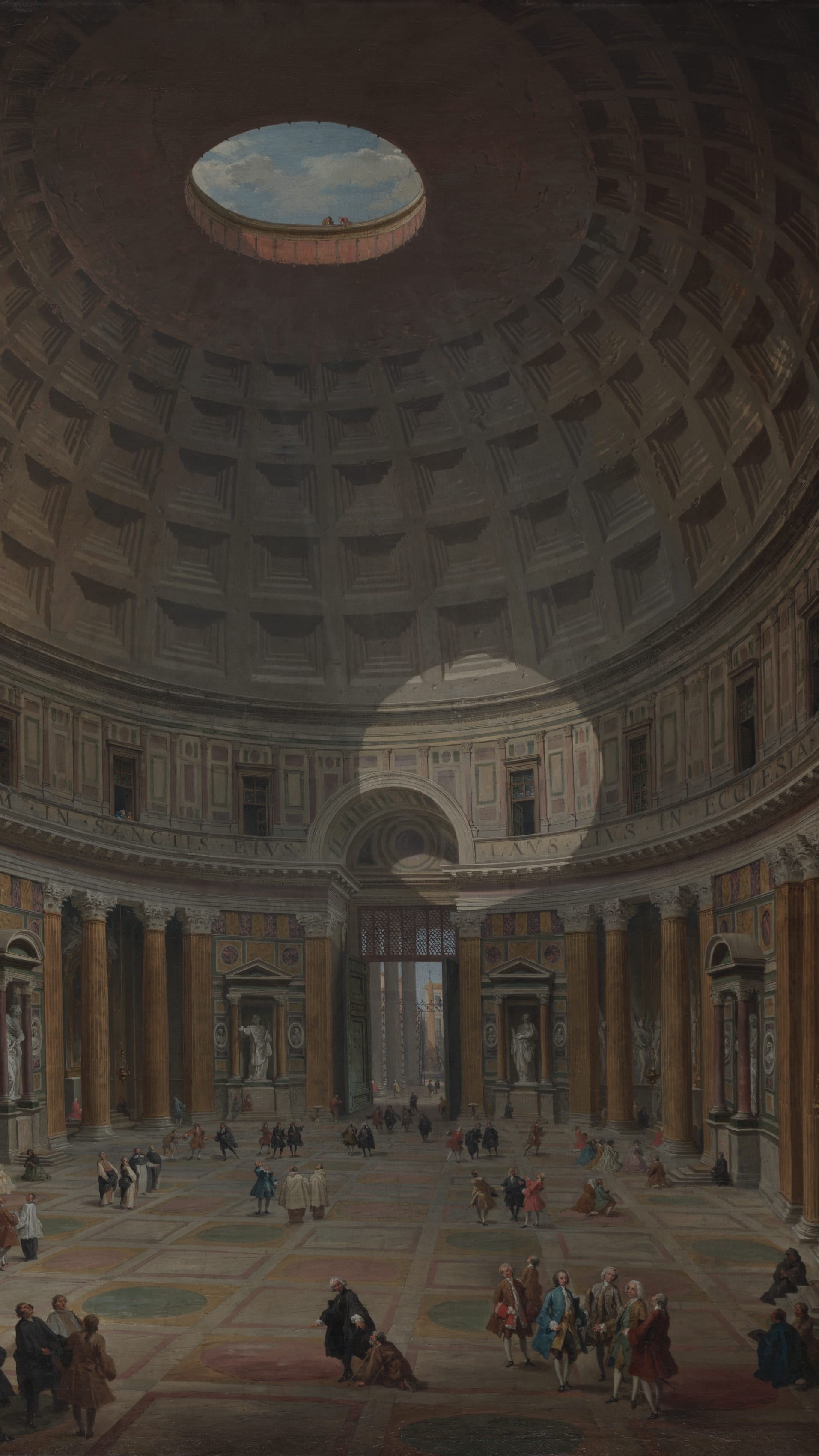 iPhone wallpaper from a painting: Pantheon interior with vast coffered dome, circular oculus open to blue sky, warm amber columns and niches, figures in 18th-century dress below