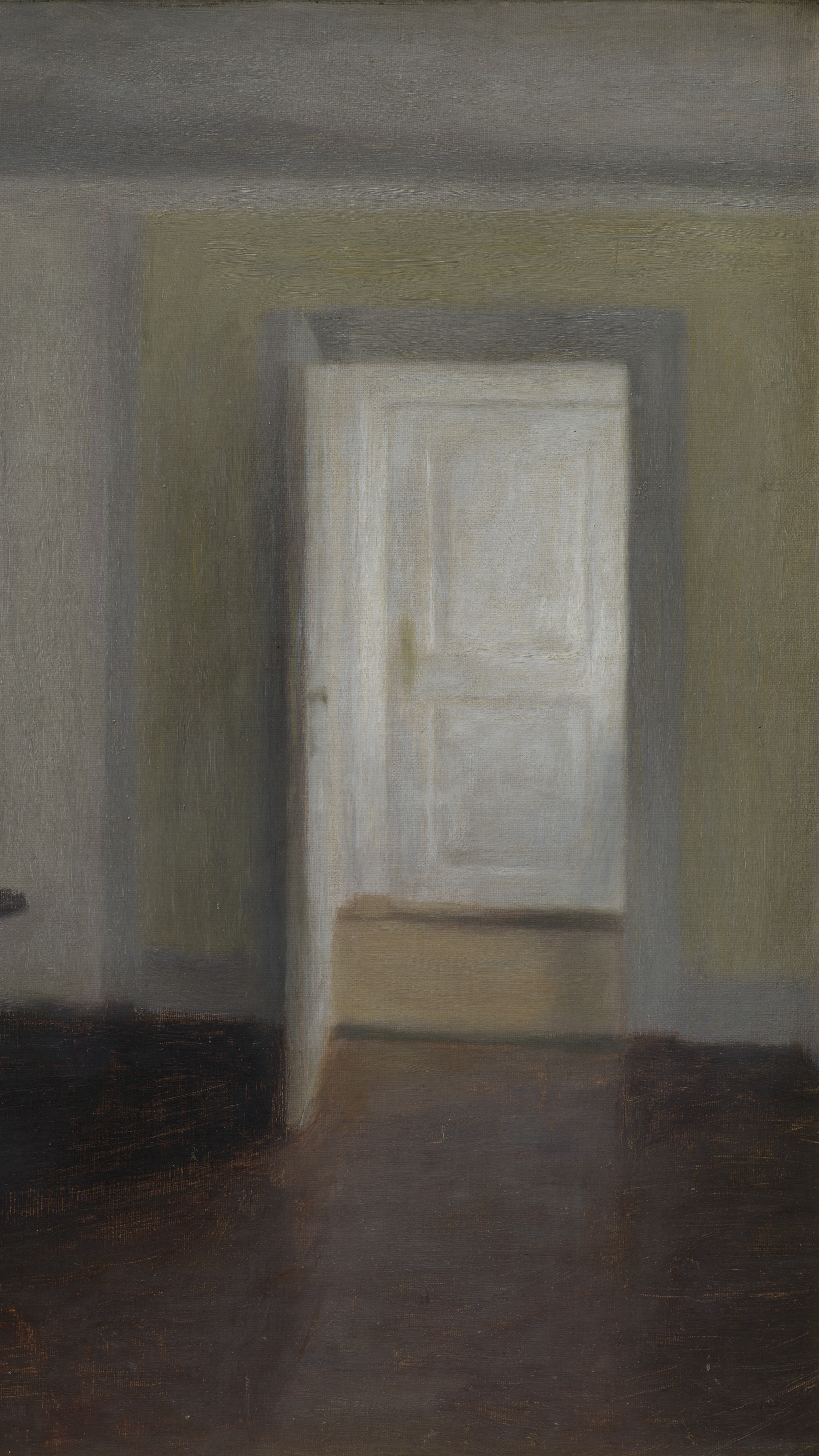 Dark academia vertical iPhone background from a painting: empty grey room with a white door standing open onto a second empty room, bare wooden floor