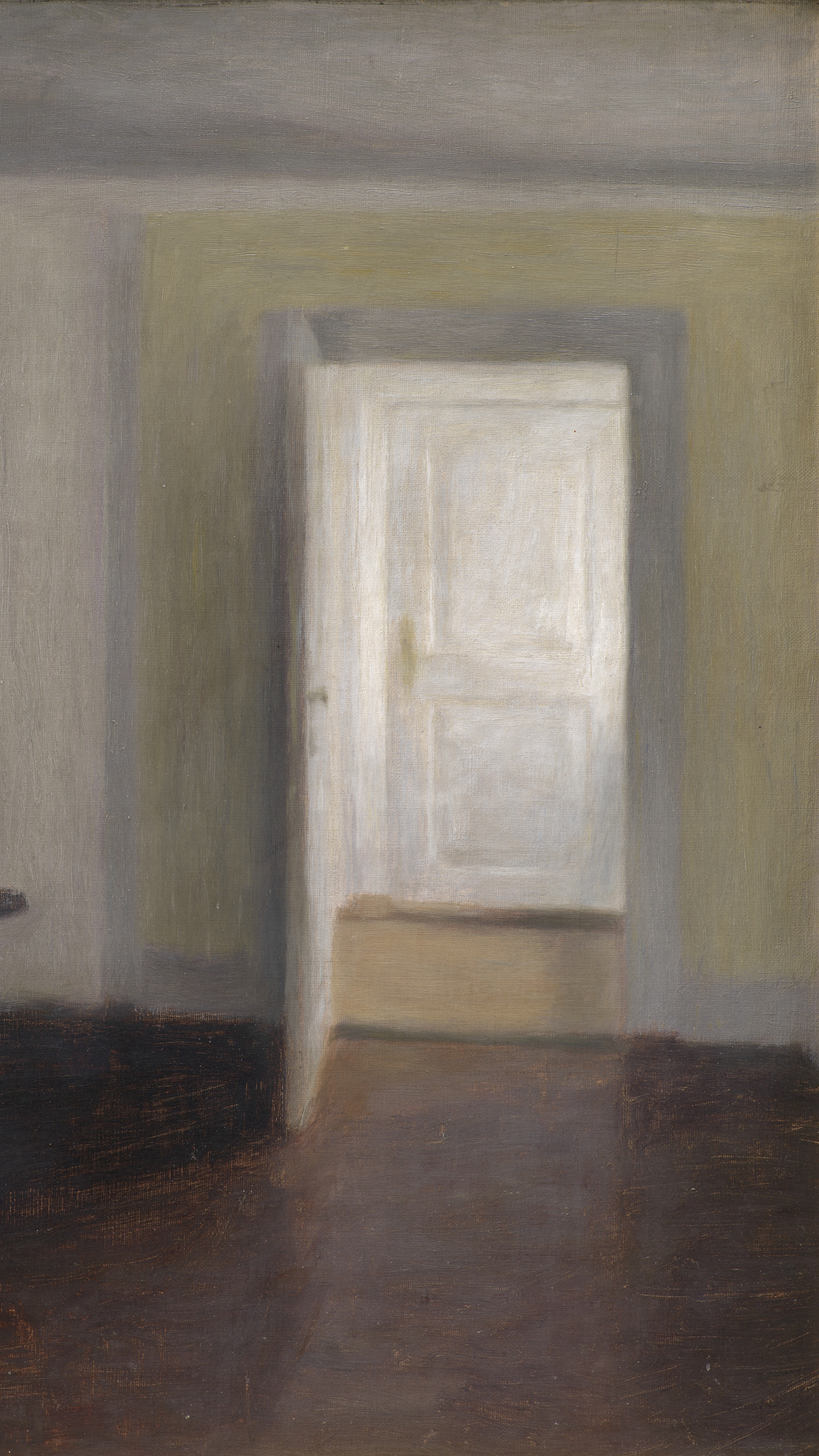 Dark academia vertical iPhone background from a painting: empty grey room with a white door standing open onto a second empty room, bare wooden floor