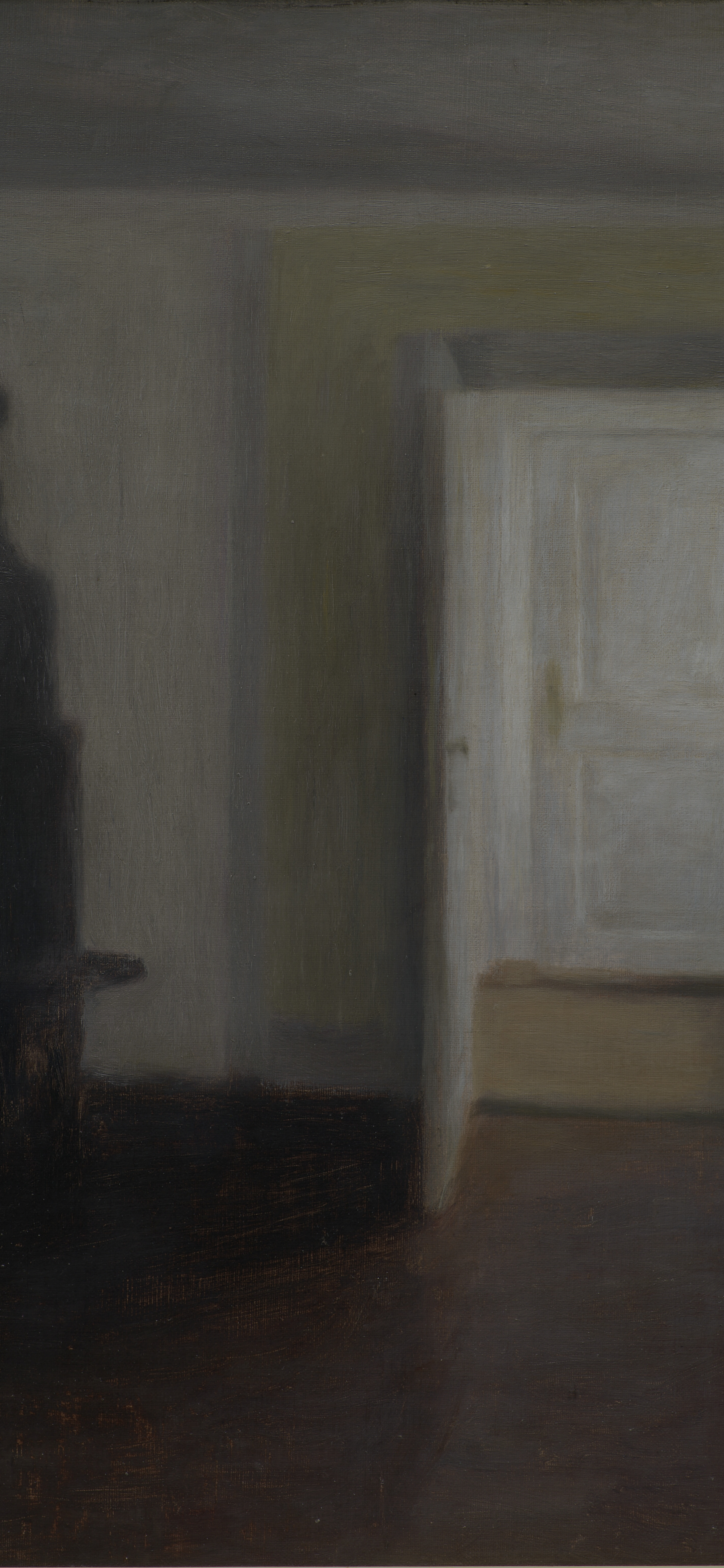 Dark academia vertical iPhone background from a painting: empty grey room with a white door standing open onto a second empty room, bare wooden floor