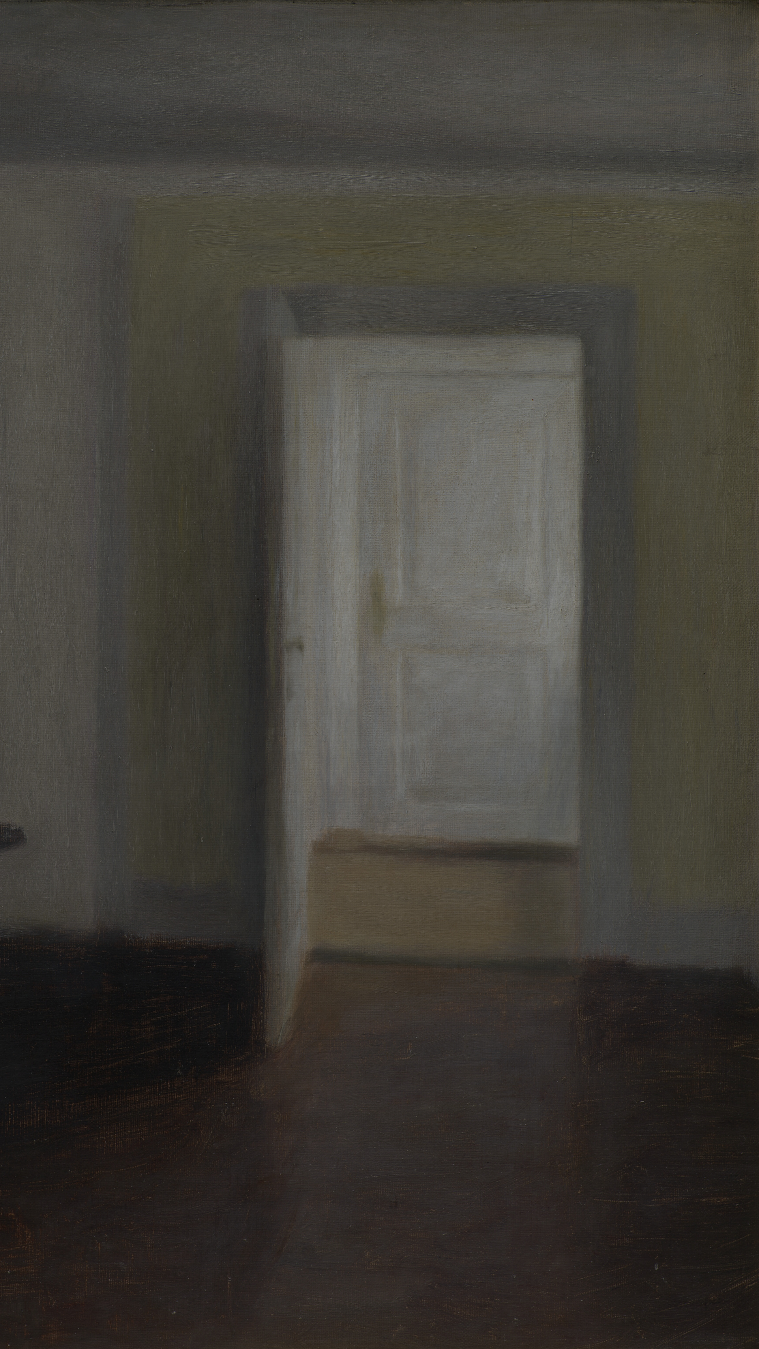 Dark academia vertical iPhone background from a painting: empty grey room with a white door standing open onto a second empty room, bare wooden floor