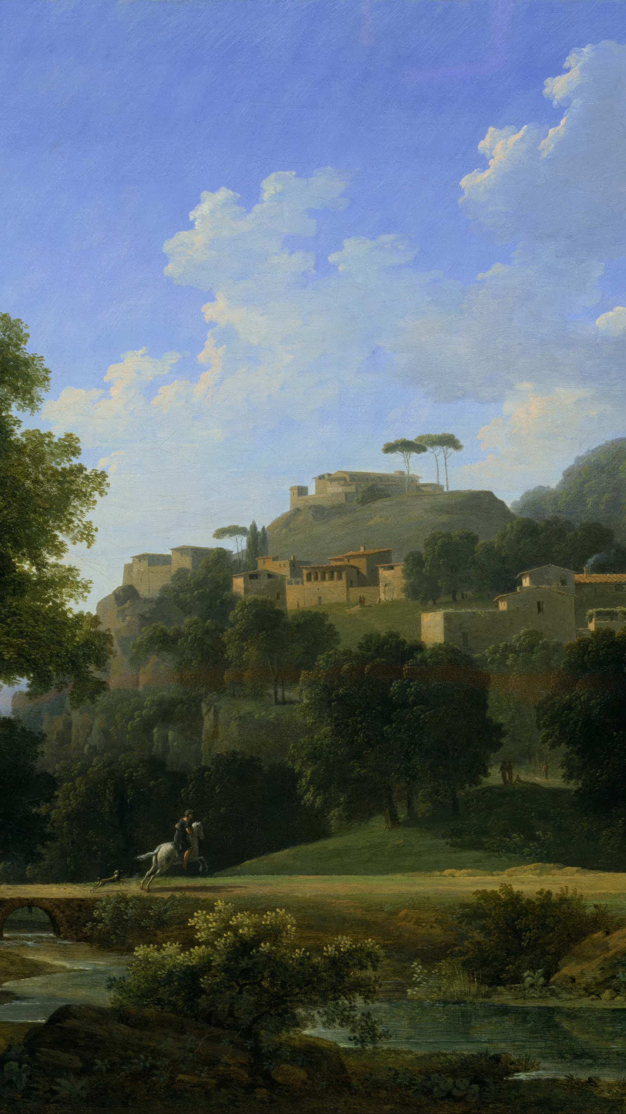 Vertical iPhone background from a painting: a hill town of pale stone houses and umbrella pines under a deep blue sky with white cloud, a rider on a grey horse on the road below, blossom and still water in front