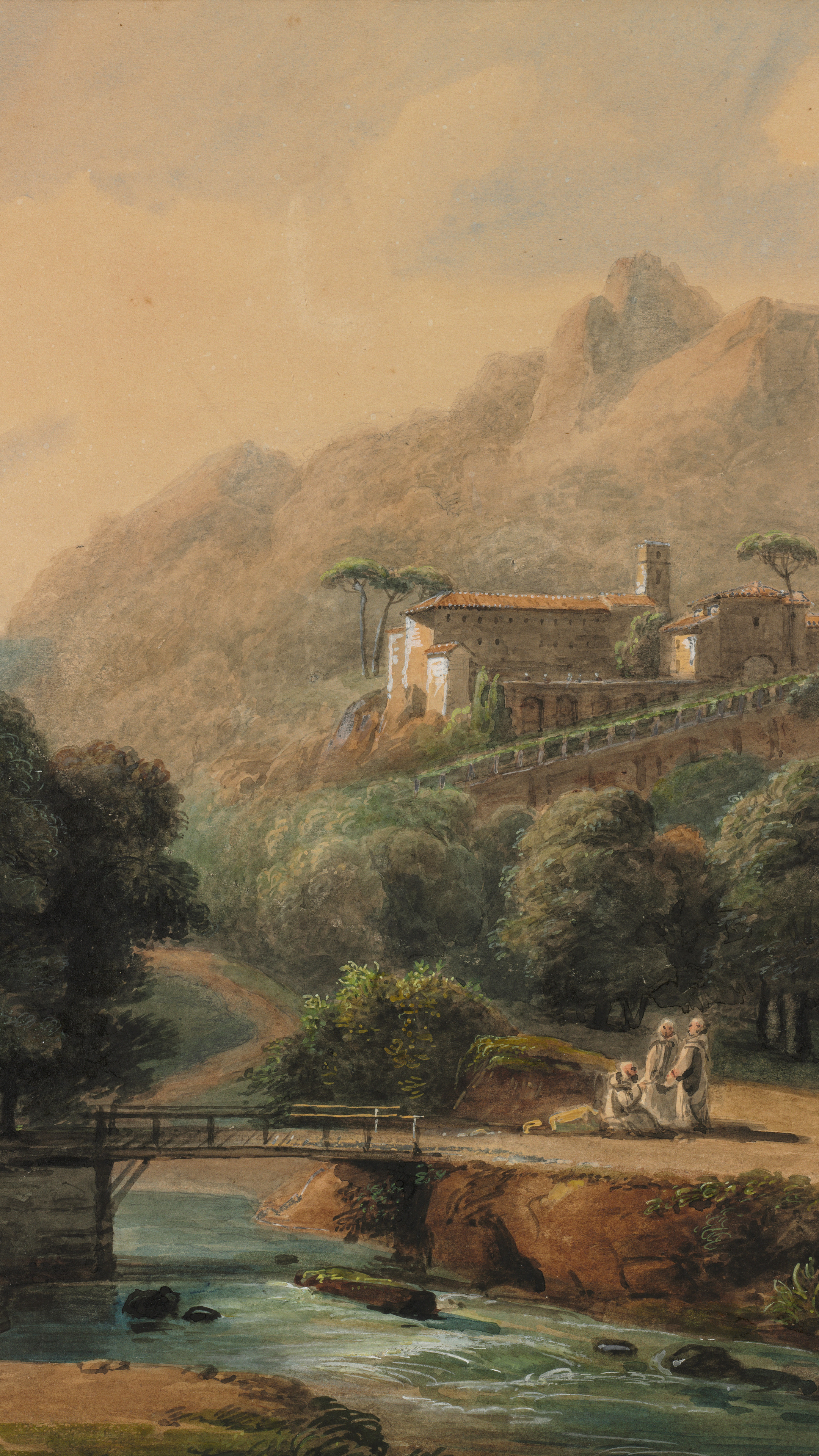 Dark academia vertical iPhone background from a painting: warm rocky valley with a stone bridge over a stream, a hill town and cliffs behind
