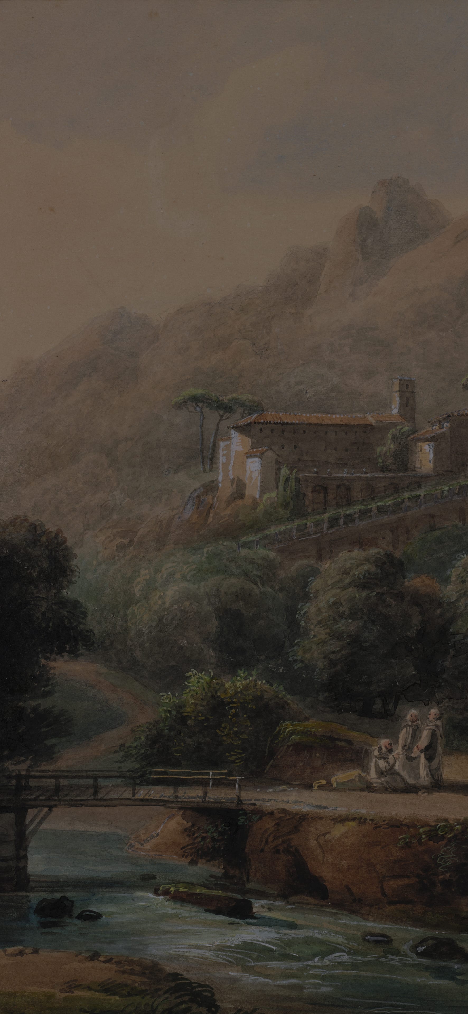 Dark academia vertical iPhone background from a painting: warm rocky valley with a stone bridge over a stream, a hill town and cliffs behind