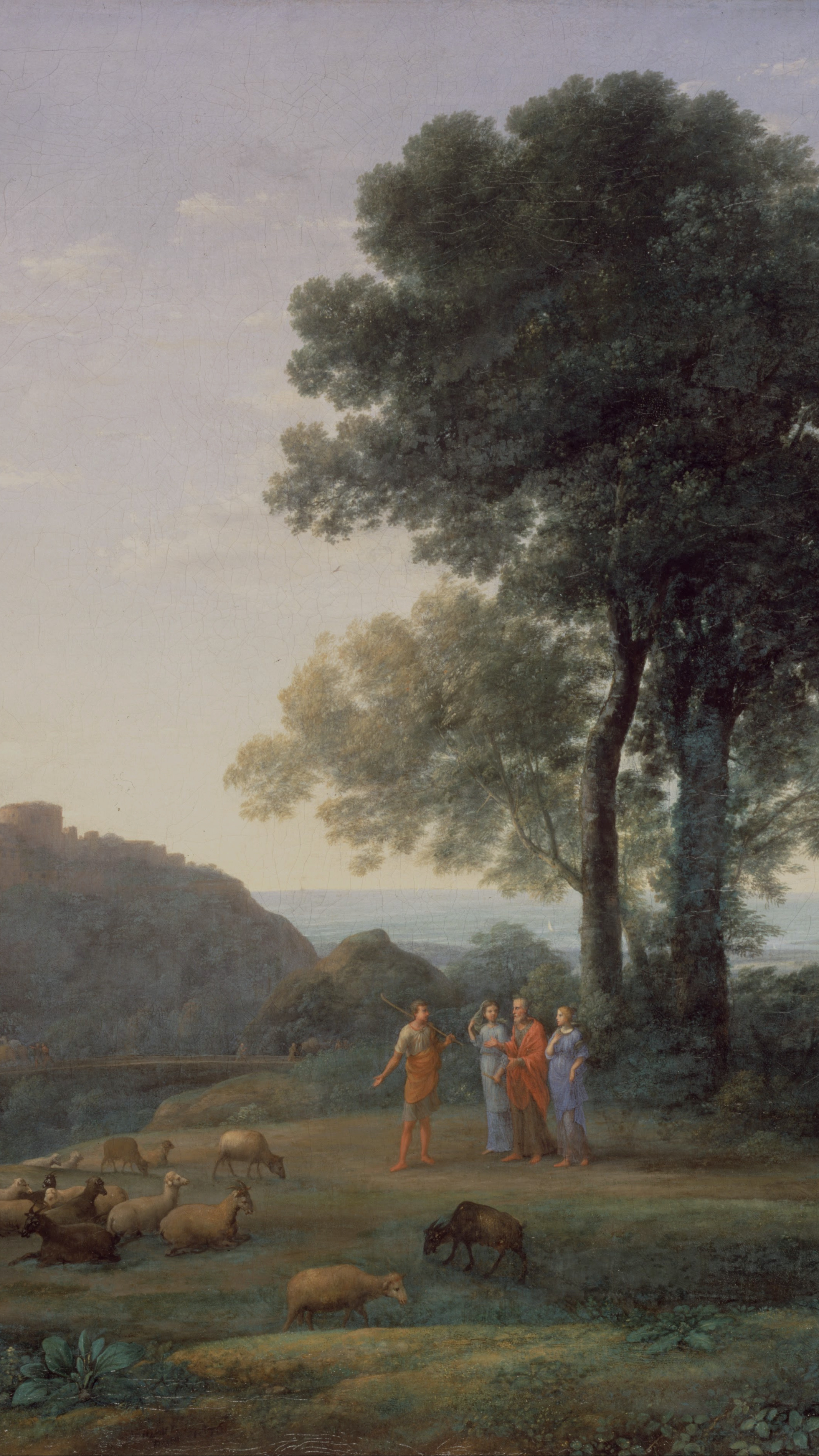 Vertical iPhone background from a painting: two great oaks fill the height above a shepherd and three robed figures on a grassy ridge, sheep and a goat grazing in front of them, a pale hazy sea far below