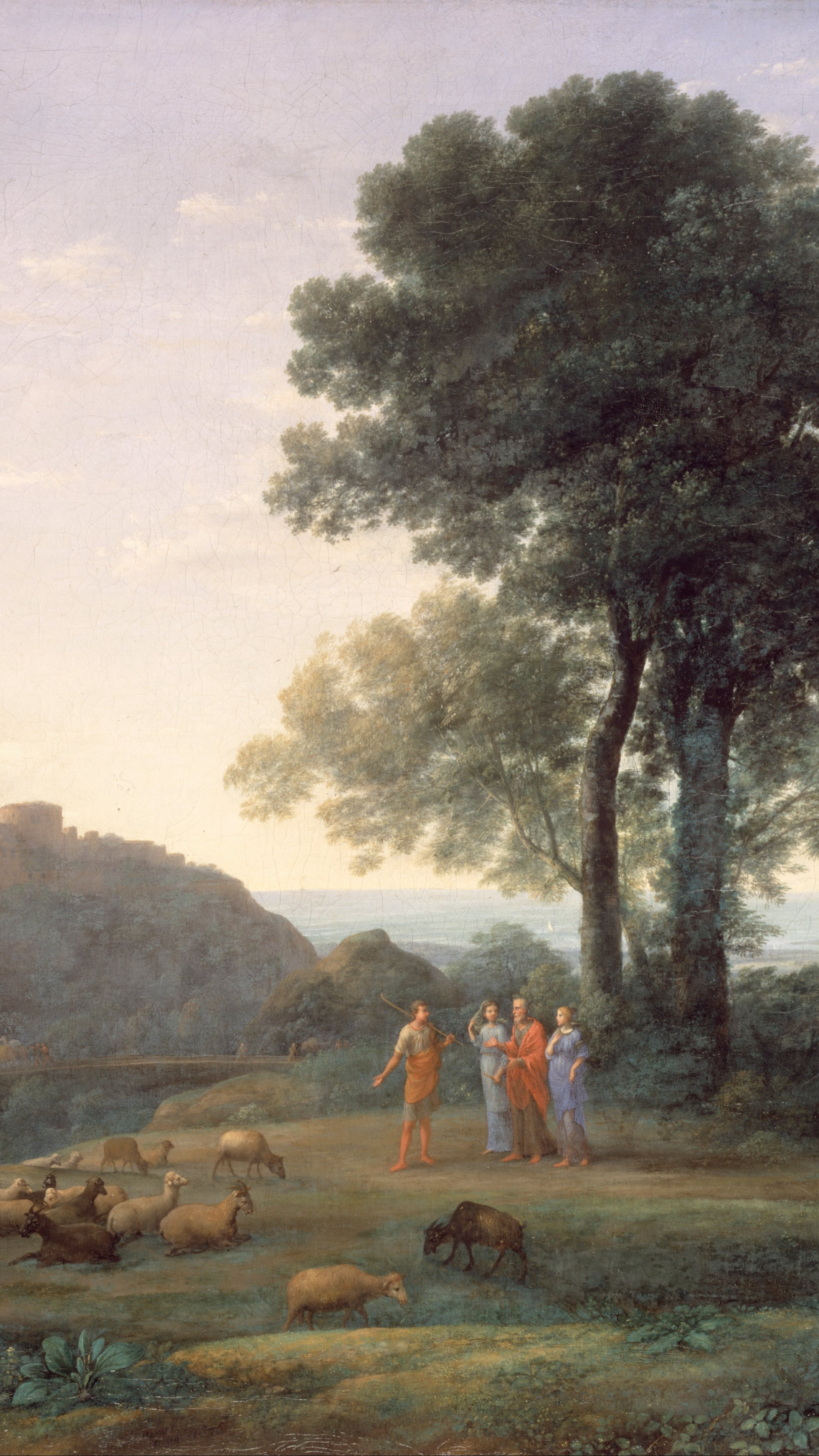 Vertical iPhone background from a painting: two great oaks fill the height above a shepherd and three robed figures on a grassy ridge, sheep and a goat grazing in front of them, a pale hazy sea far below