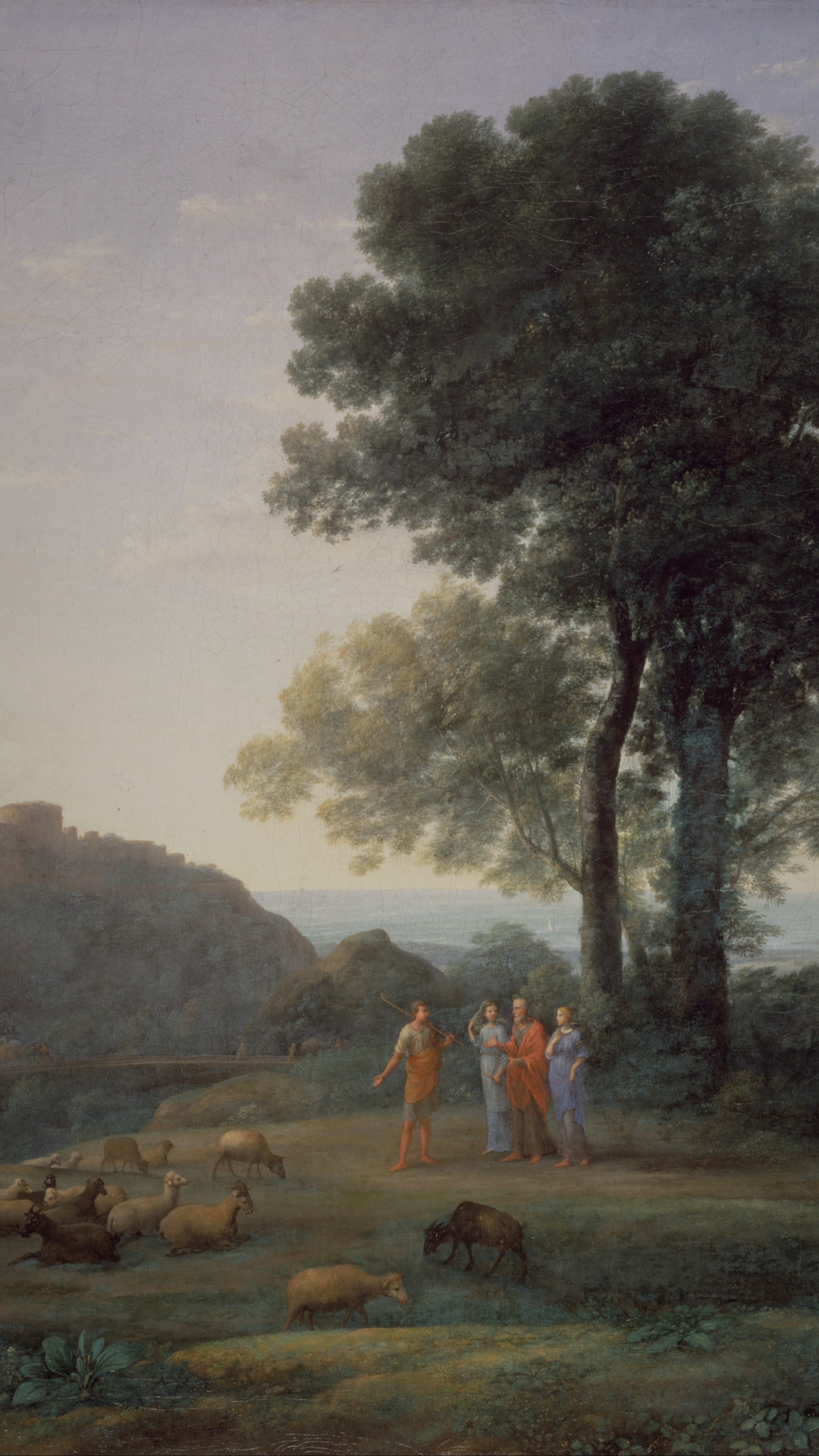 Vertical iPhone background from a painting: two great oaks fill the height above a shepherd and three robed figures on a grassy ridge, sheep and a goat grazing in front of them, a pale hazy sea far below