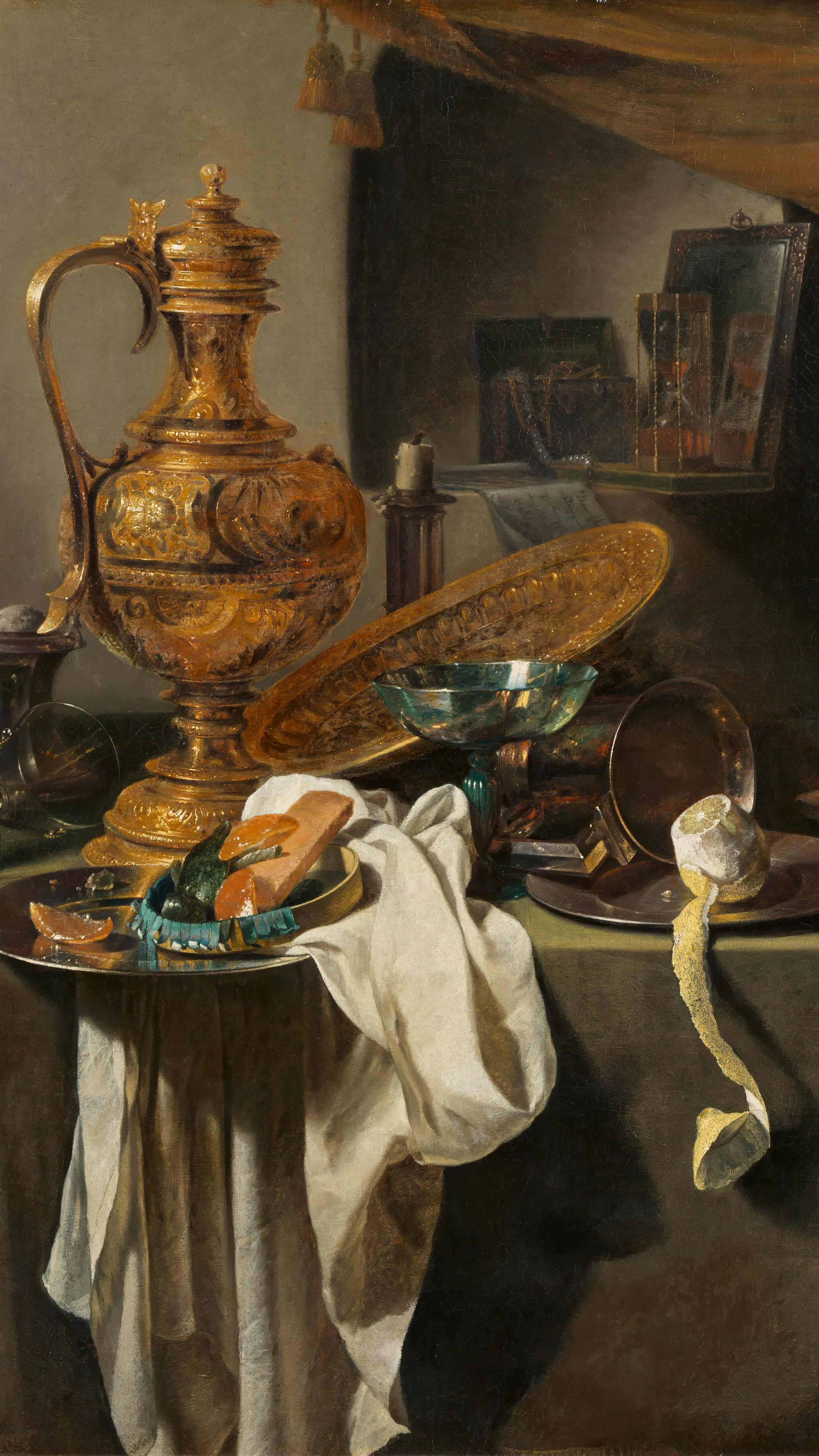 Dark academia vertical iPhone background from a painting: a gilt ewer and an engraved gold plate on a draped white cloth beside a glass roemer, a green curtain pulled back to reveal a shelf of curios in a dim interior