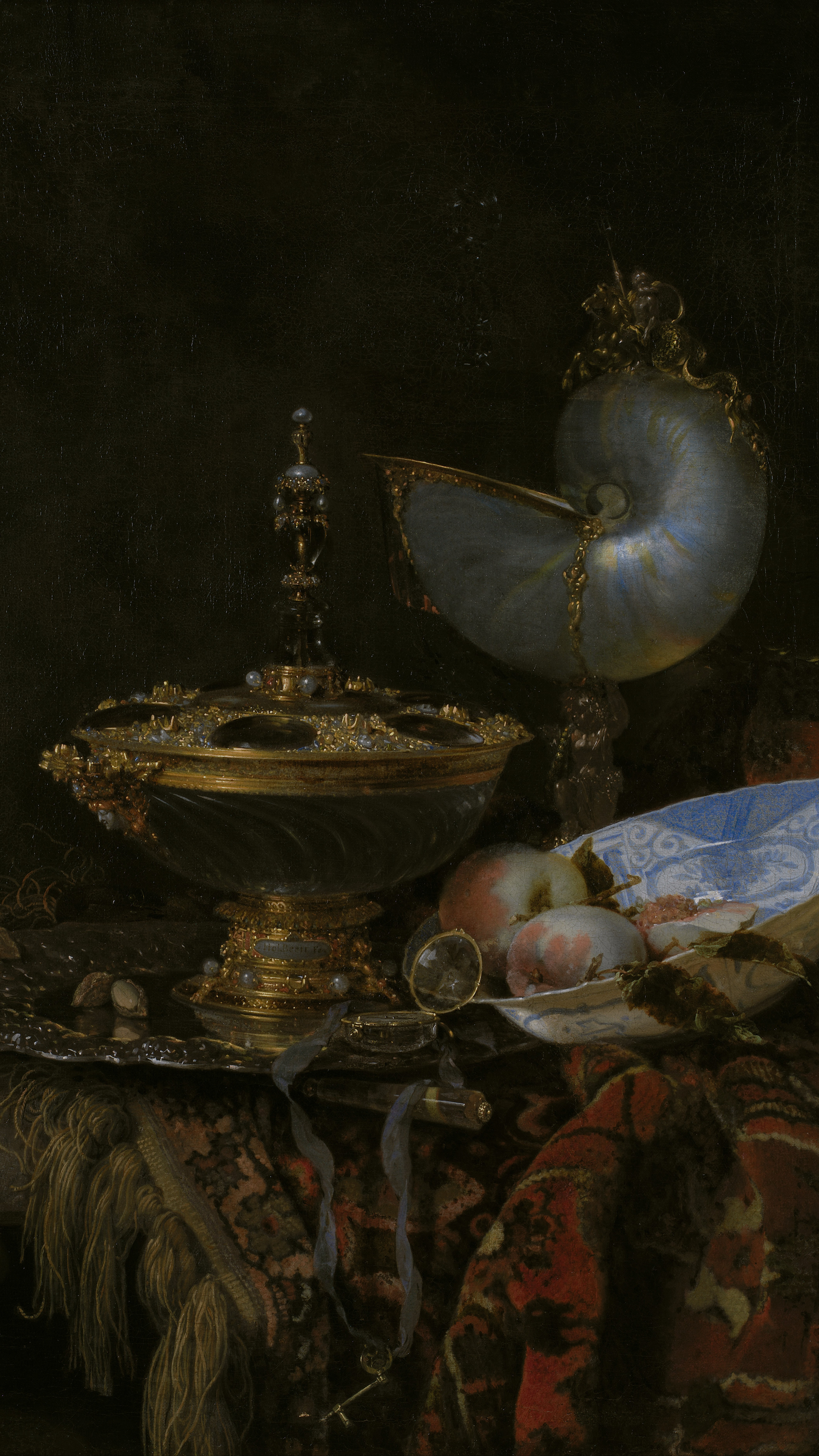 Dark academia vertical iPhone background from a painting: a gilt covered cup and a nautilus shell mounted in gold beside a blue-and-white porcelain bowl of peaches, dark tapestry folds behind