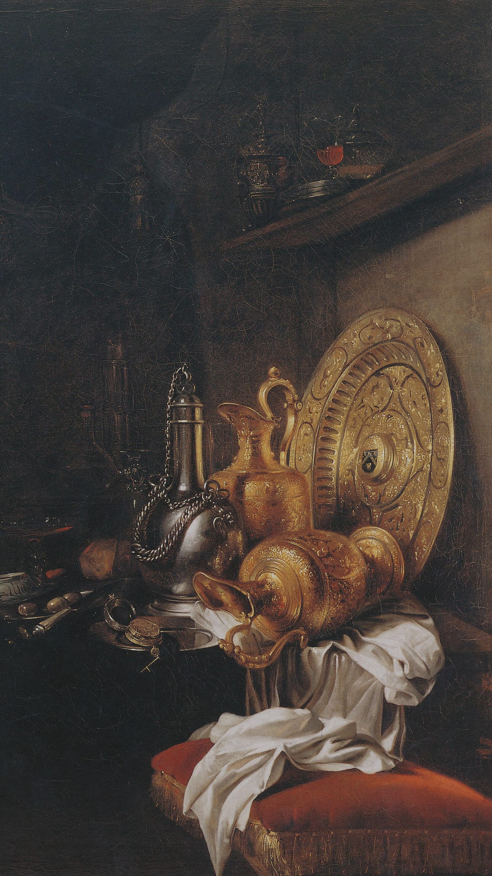 Dark academia vertical iPhone background from a painting: gilt ewers and a footed tazza plate stacked on a shelf beside silver vessels, a white cloth and a red velvet cushion below, dim interior