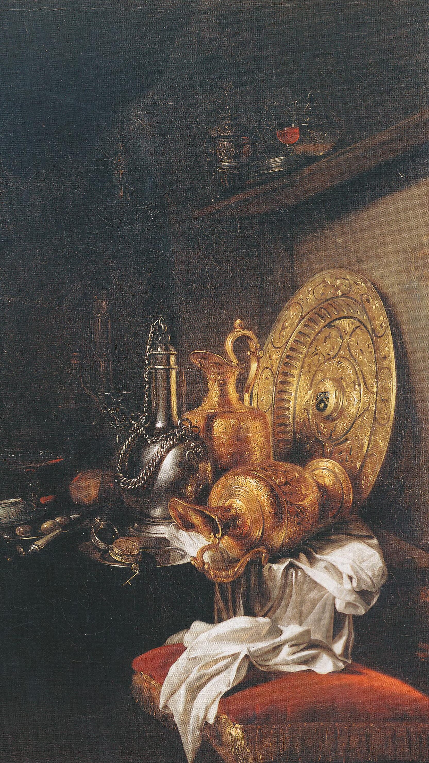 Dark academia vertical iPhone background from a painting: gilt ewers and a footed tazza plate stacked on a shelf beside silver vessels, a white cloth and a red velvet cushion below, dim interior