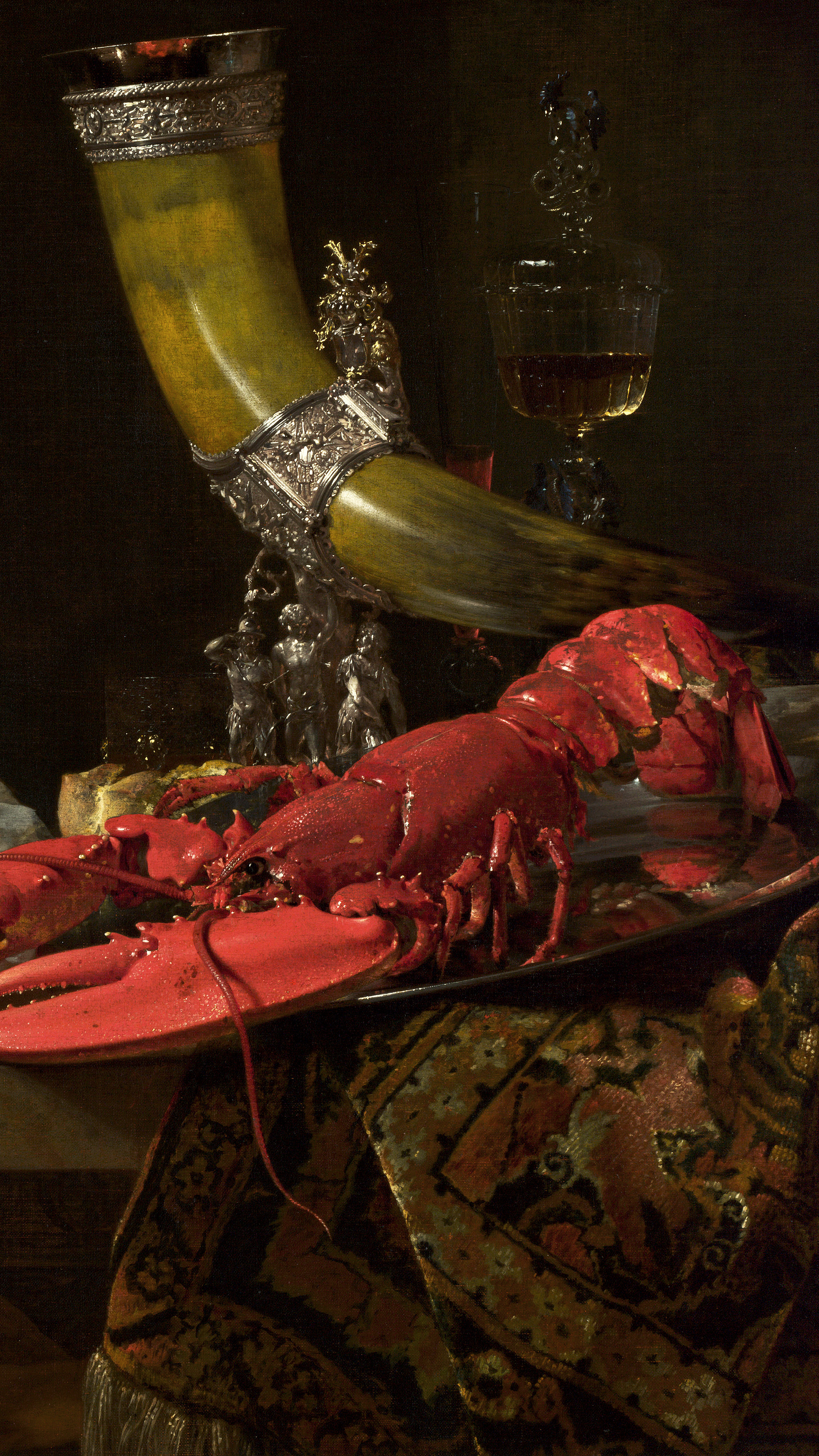 Dark academia desktop background from a painting: a silver-mounted drinking horn standing beside a boiled red lobster on a pewter plate, wine glasses and a peeled lemon on a richly patterned carpet