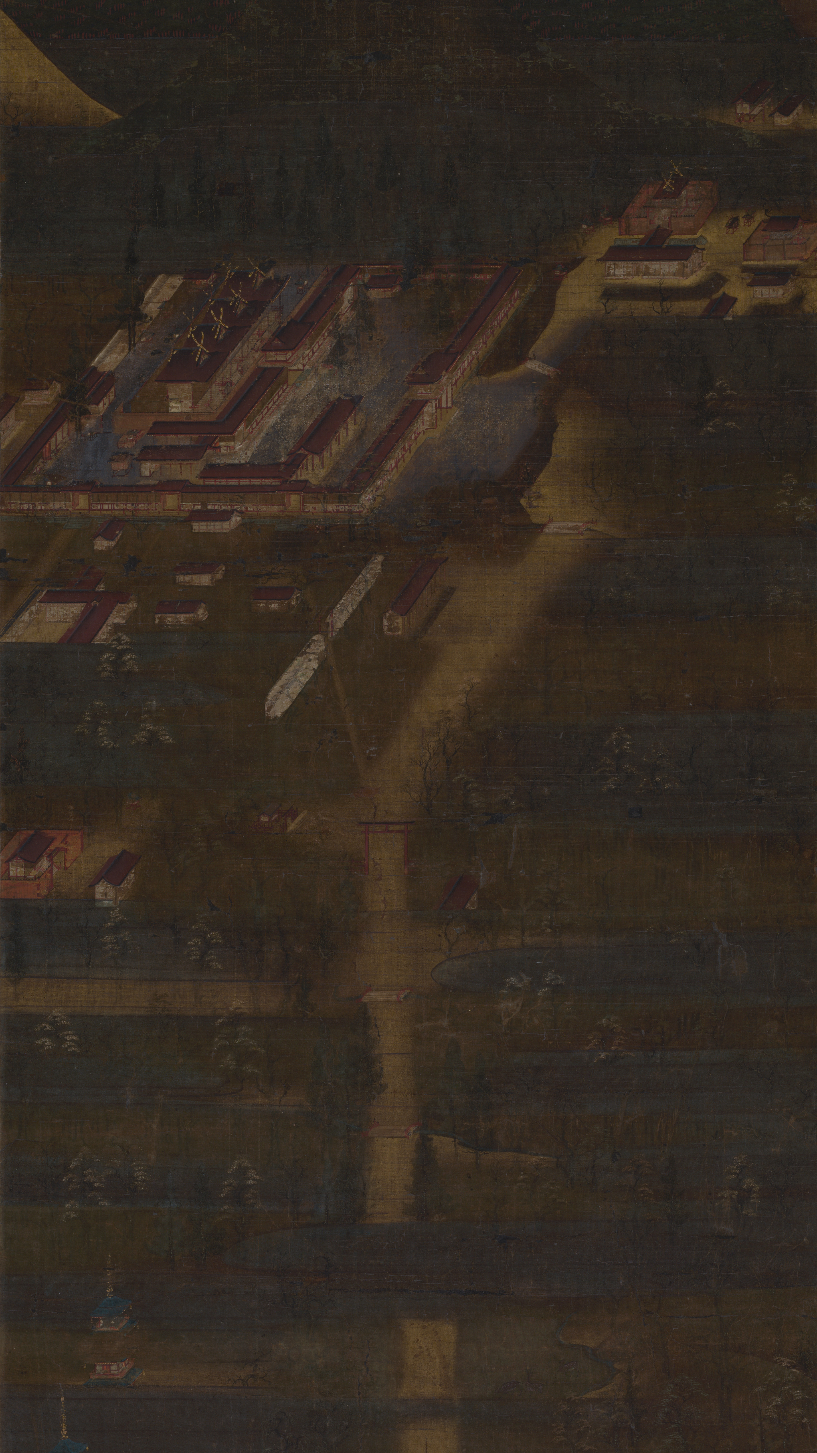 Dark moody vertical iPhone background from a Japanese painting: bird's-eye view of a shrine complex with red-roofed halls below, three glowing Buddhist figures floating above a dark sacred mountain