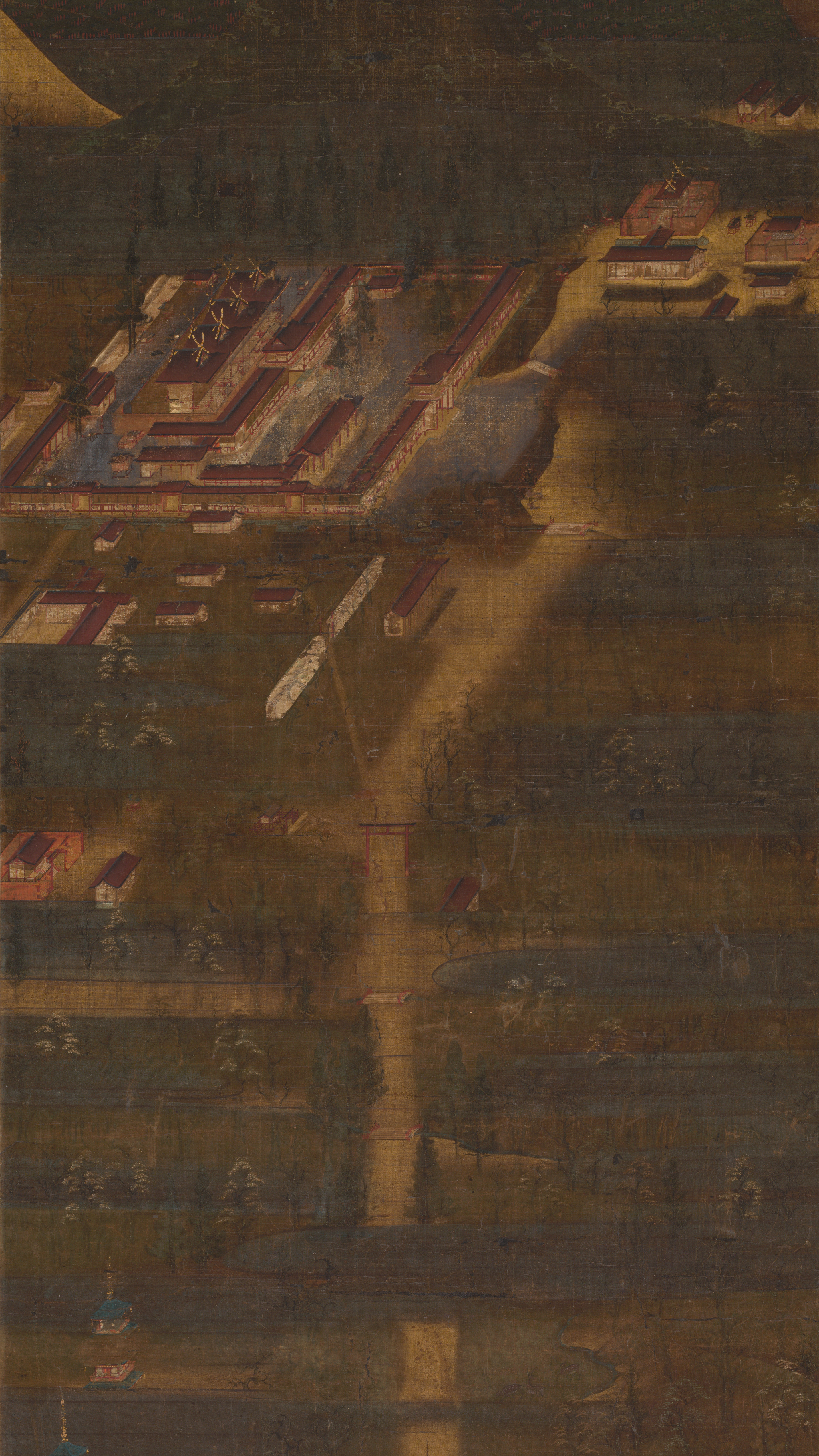 Dark moody vertical iPhone background from a Japanese painting: bird's-eye view of a shrine complex with red-roofed halls below, three glowing Buddhist figures floating above a dark sacred mountain