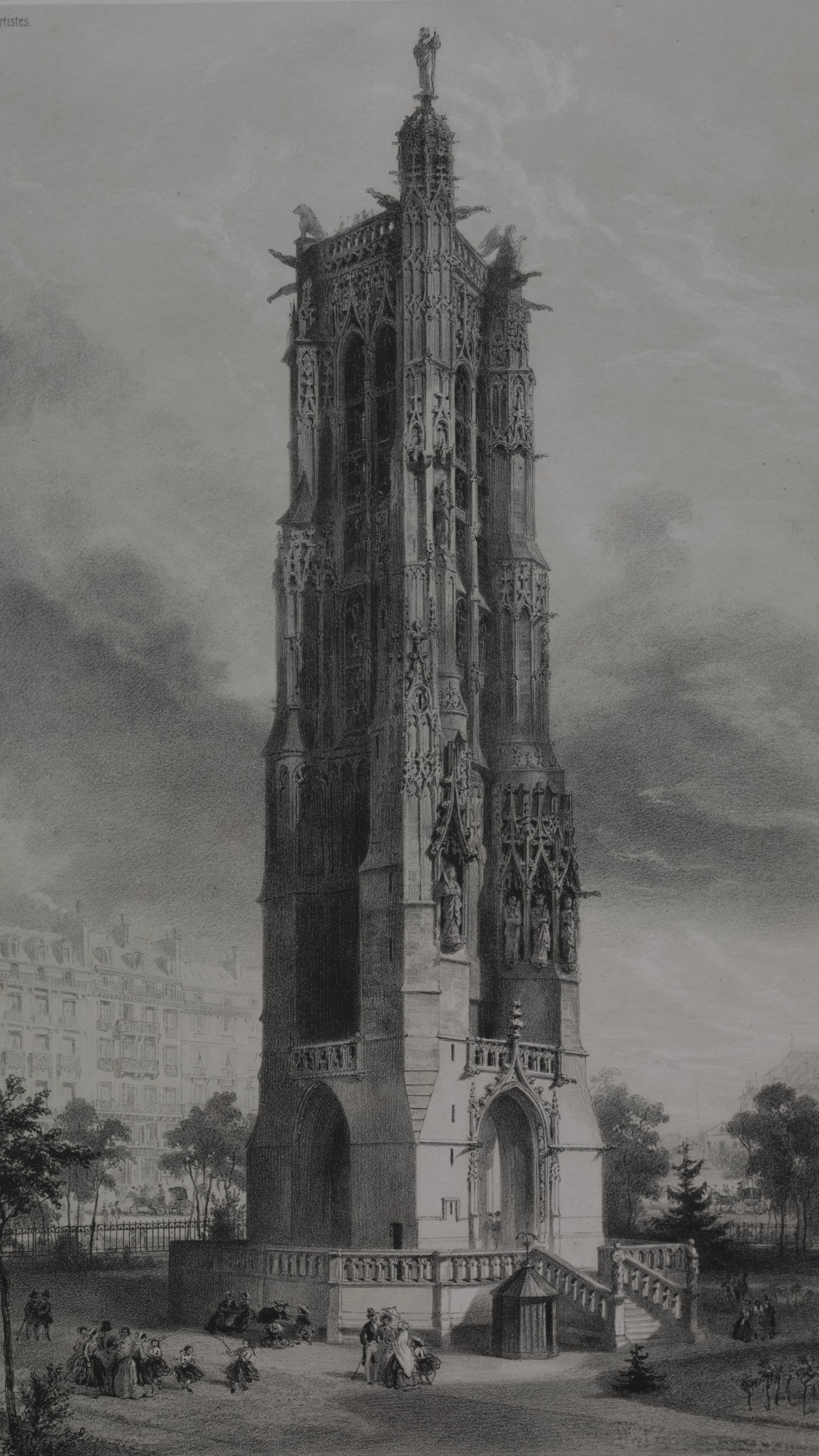 Vertical iPhone background from a print: ornate Gothic tower rising against a dramatic cloudy sky, tiny figures in the square below, black and white lithograph