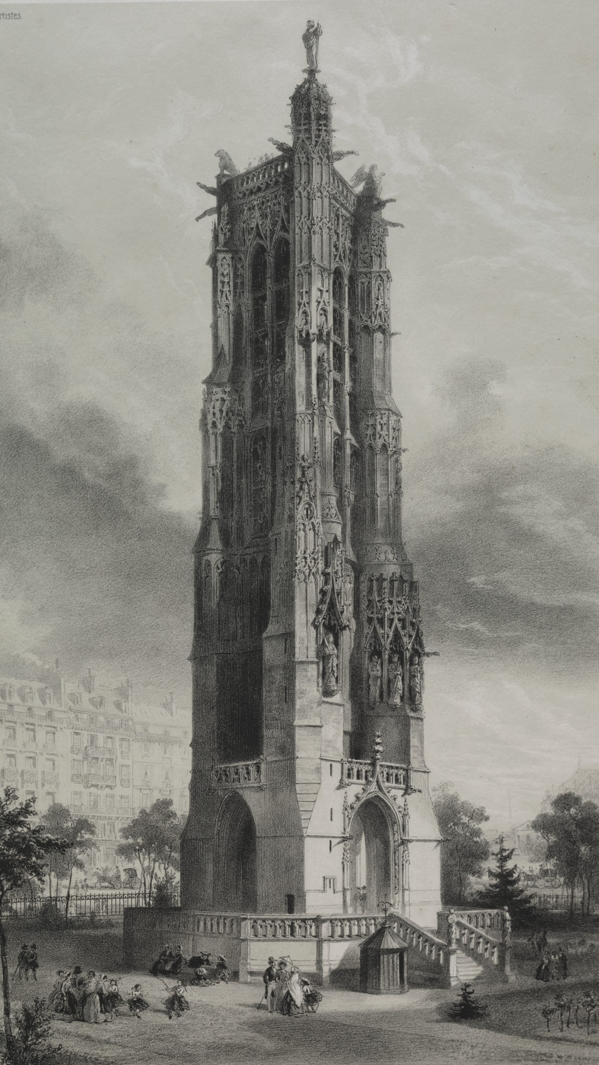 Vertical iPhone background from a print: ornate Gothic tower rising against a dramatic cloudy sky, tiny figures in the square below, black and white lithograph