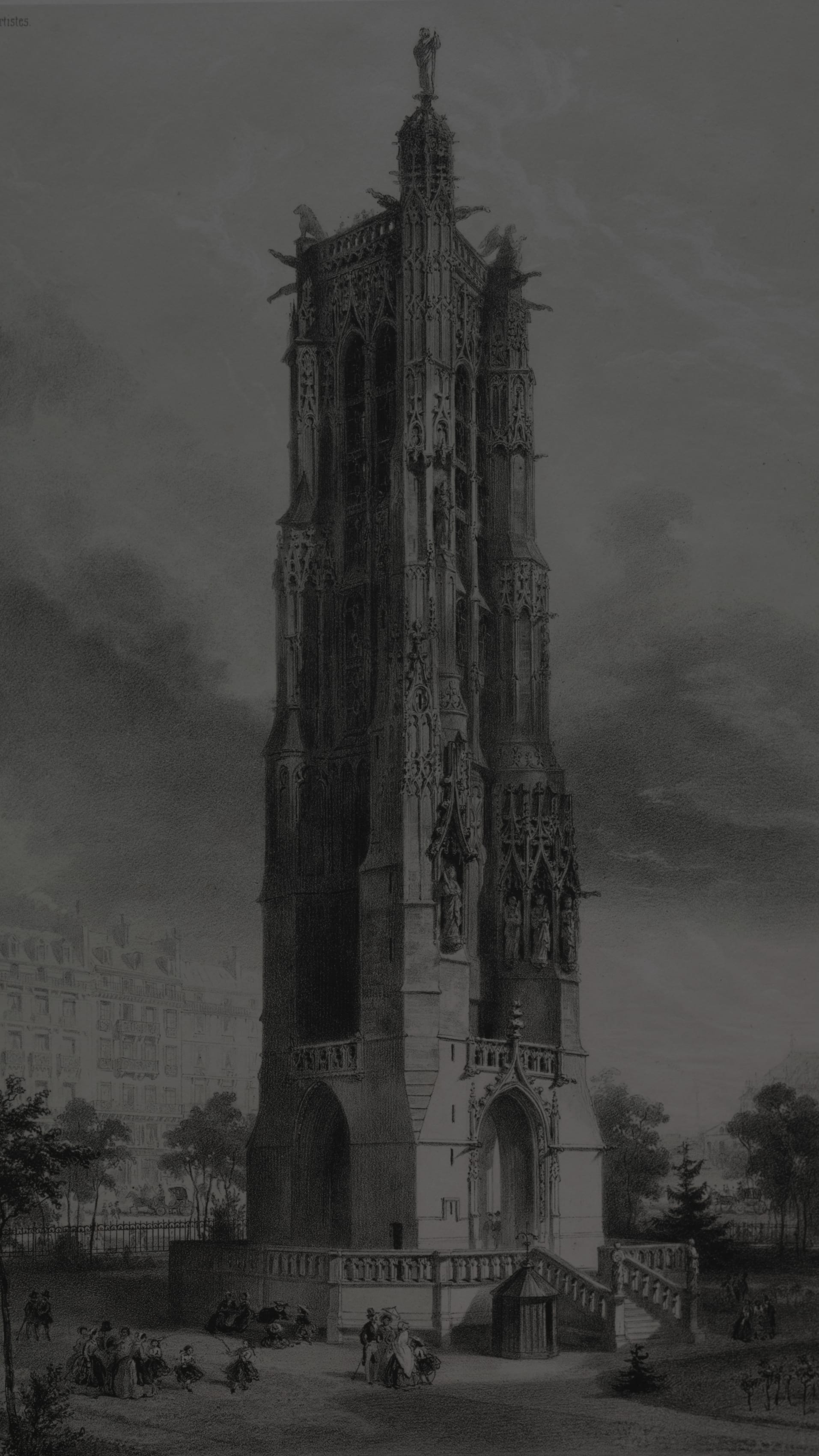 Vertical iPhone background from a print: ornate Gothic tower rising against a dramatic cloudy sky, tiny figures in the square below, black and white lithograph