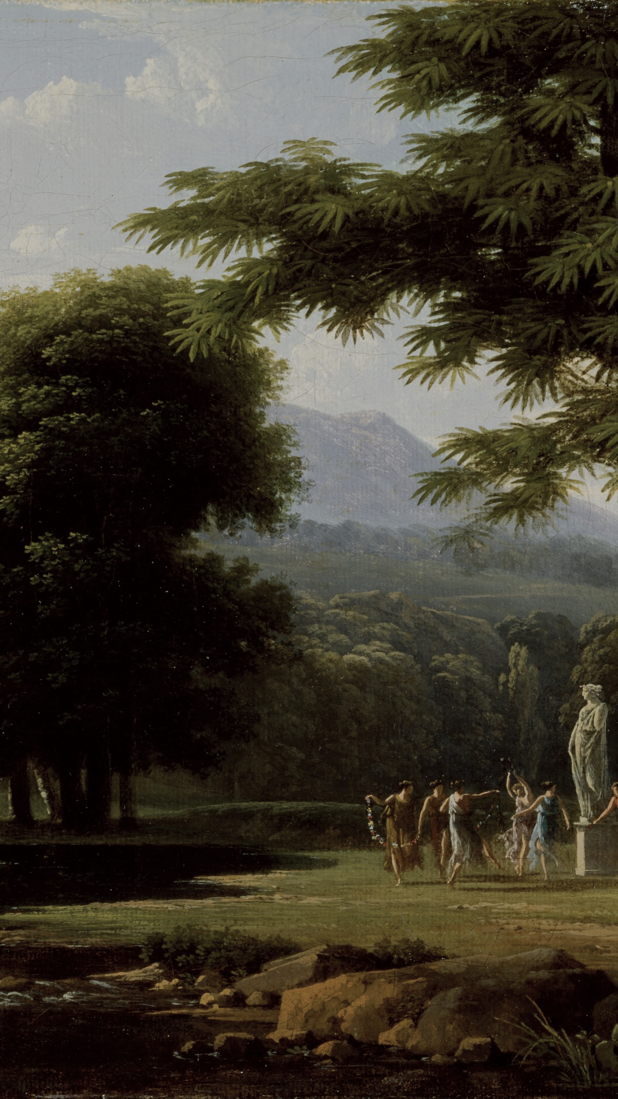 Dark academia vertical iPhone background from a painting: broad meadow under tall trees with pale mountains on the horizon and cattle in the middle distance