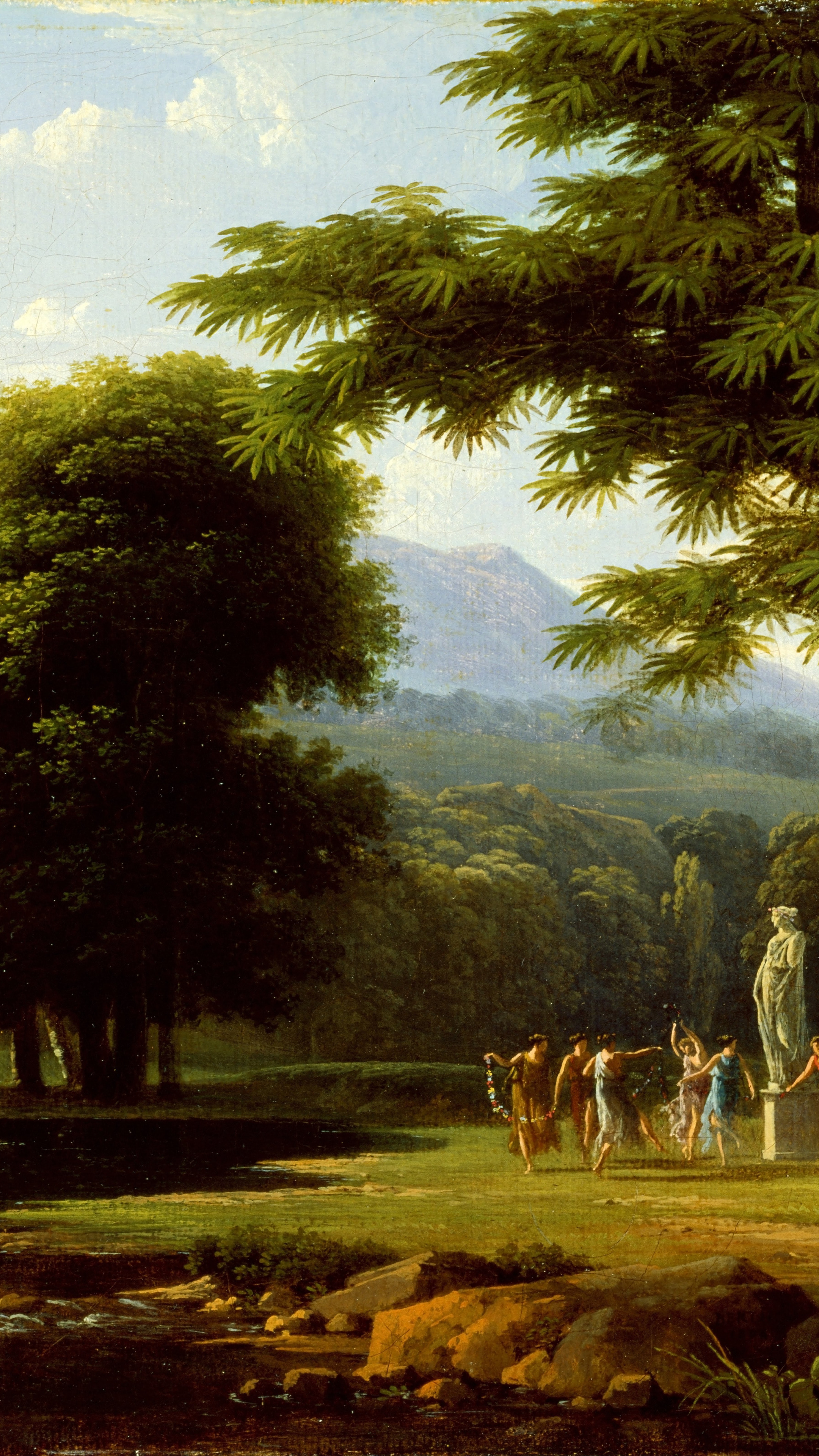 Dark academia vertical iPhone background from a painting: broad meadow under tall trees with pale mountains on the horizon and cattle in the middle distance
